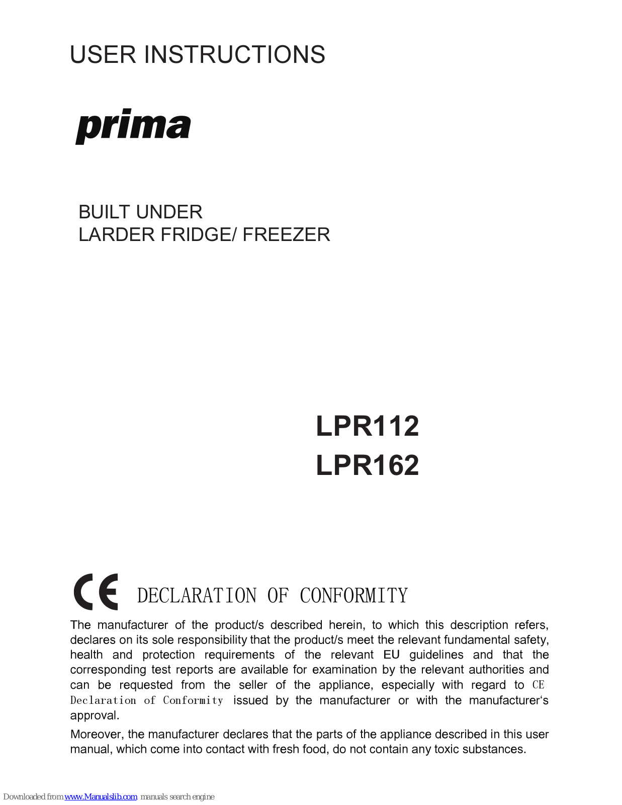 Prima LPR112, LPR162 User Instructions