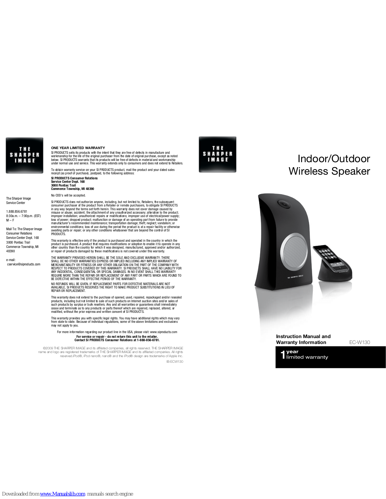 Sharper Image EC-W130 Instruction Manual And Warranty Information