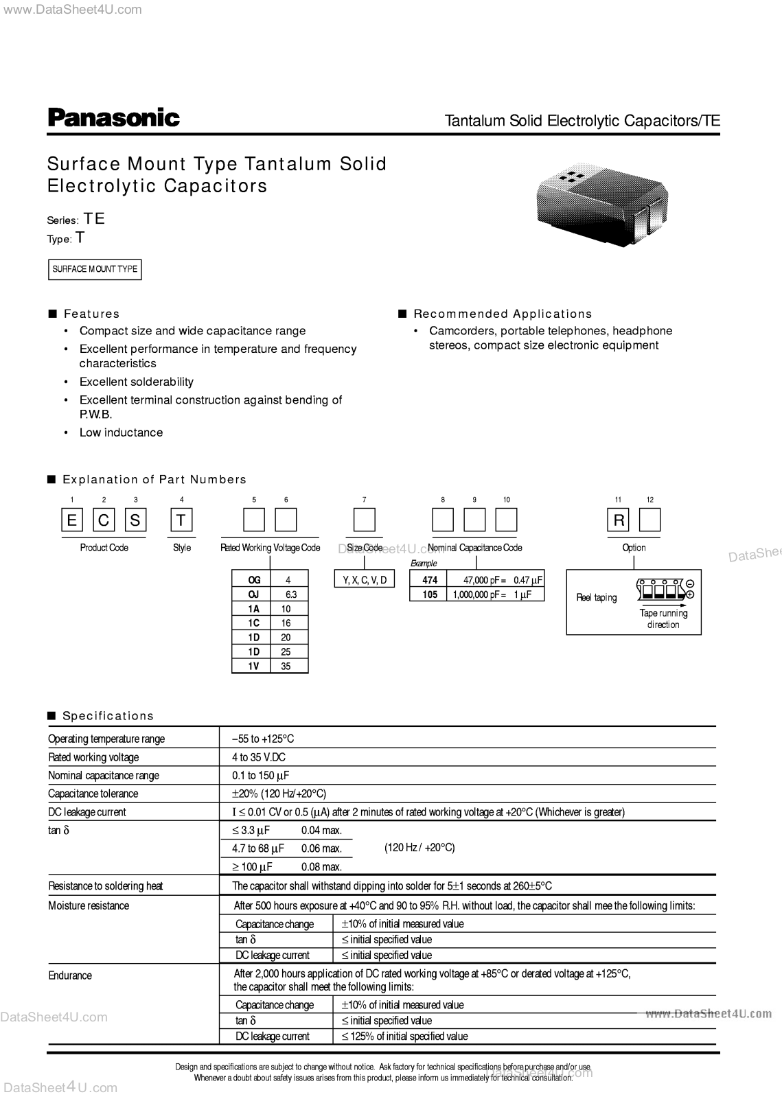 Panasonic TE  T Technical data