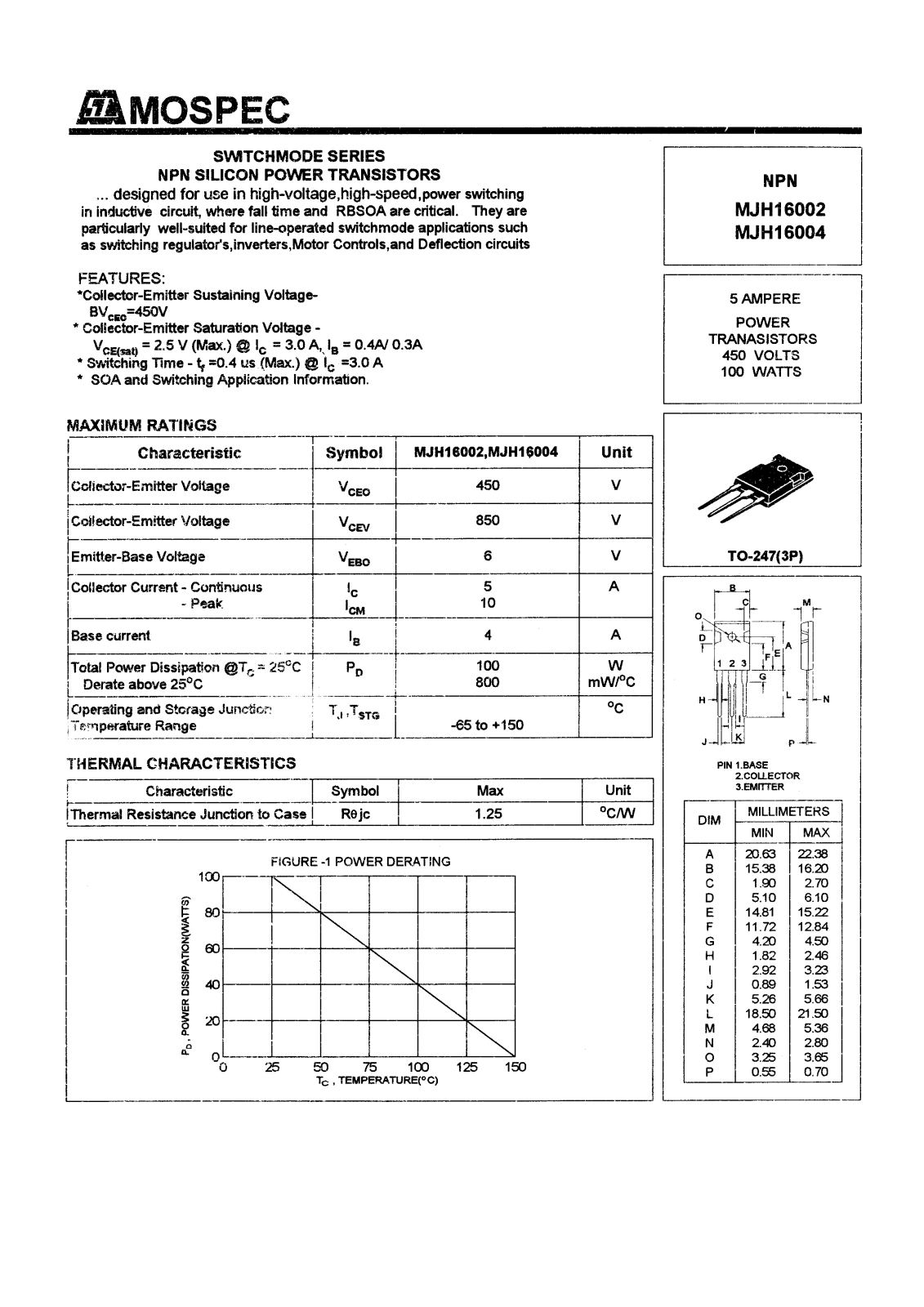 MOSPEC MJH16004, MJH16002 Datasheet