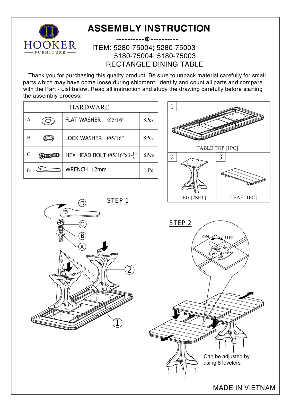 Hooker Furniture 518075206, 528075216, 528075206 Assembly Guide