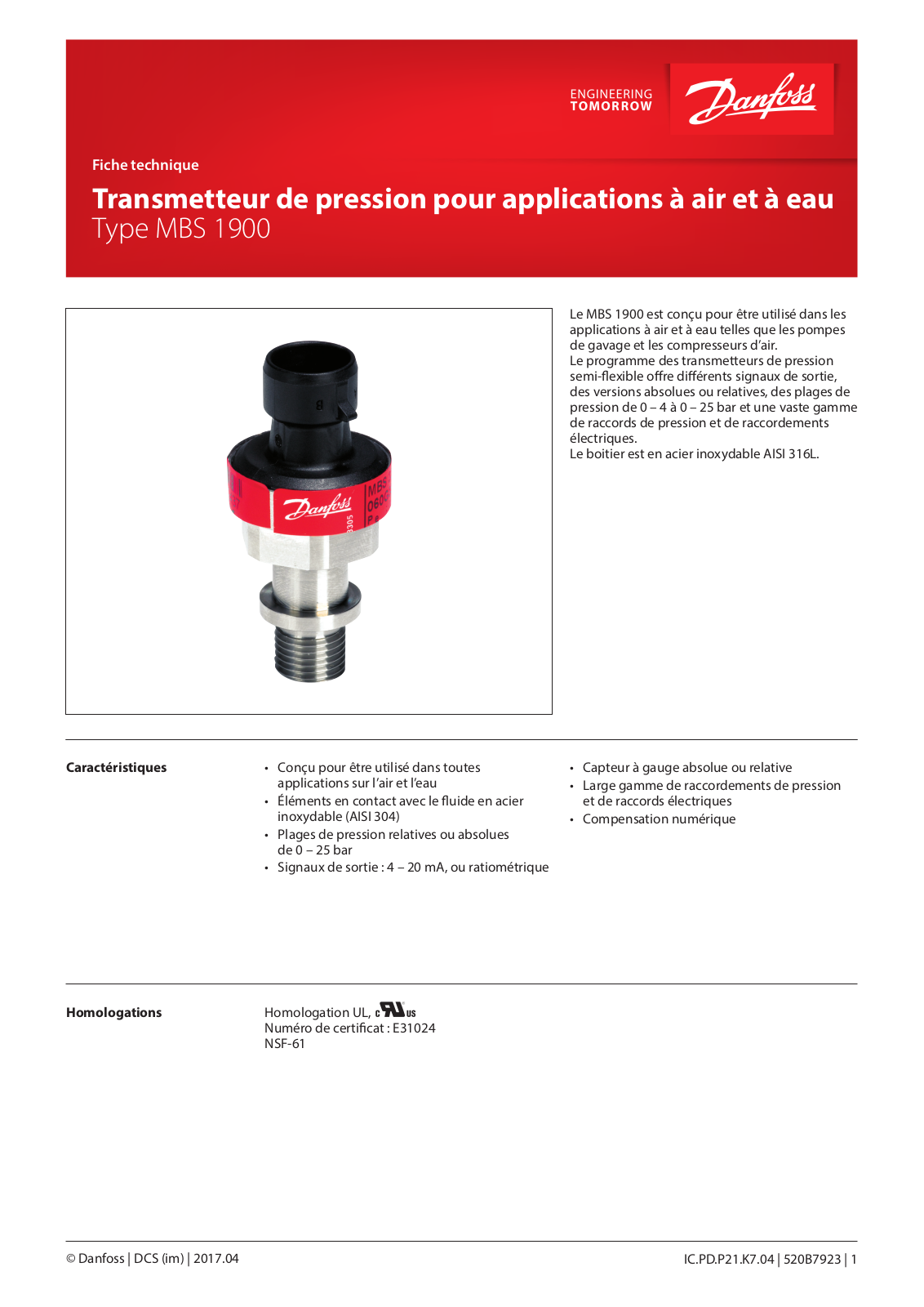 Danfoss MBS 1900 Data sheet