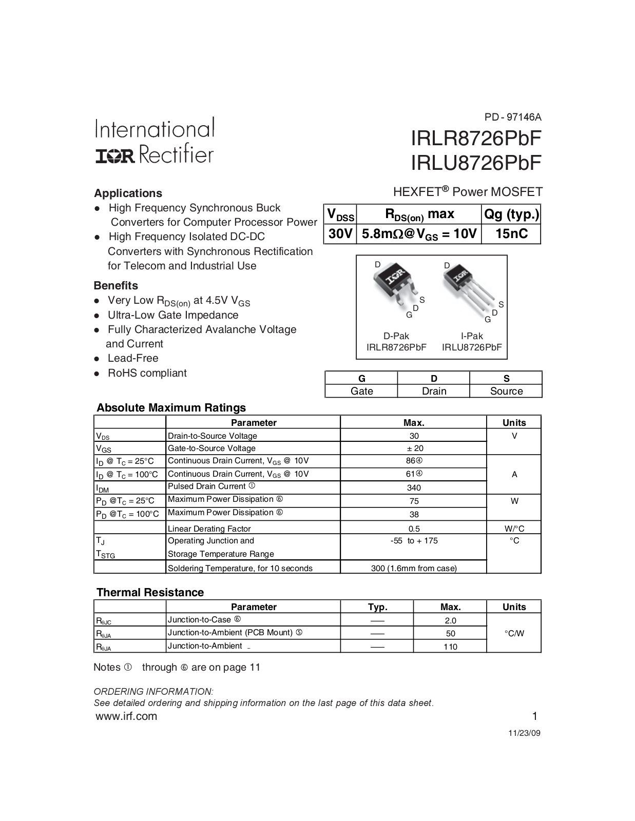 Datasheet IRLR8726TRPBF Specification - ManualMachine.com