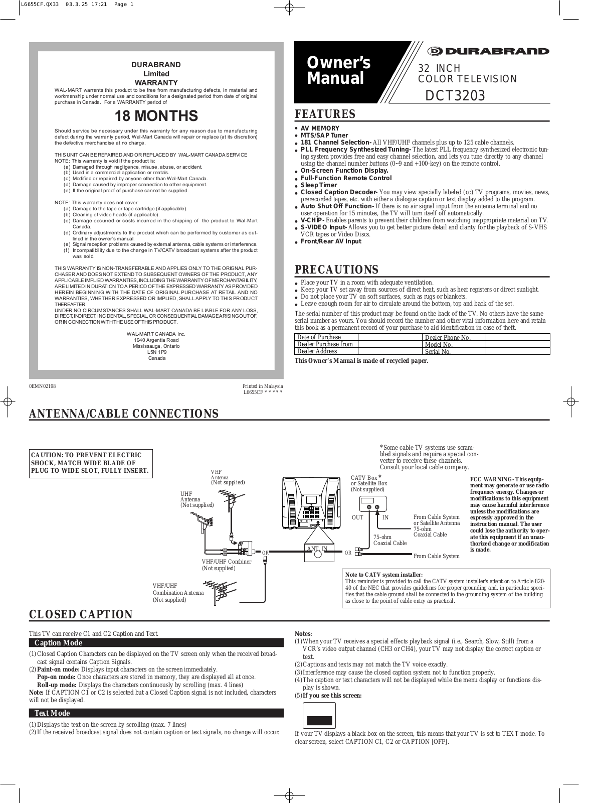 FUNAI DCT3203 User Manual