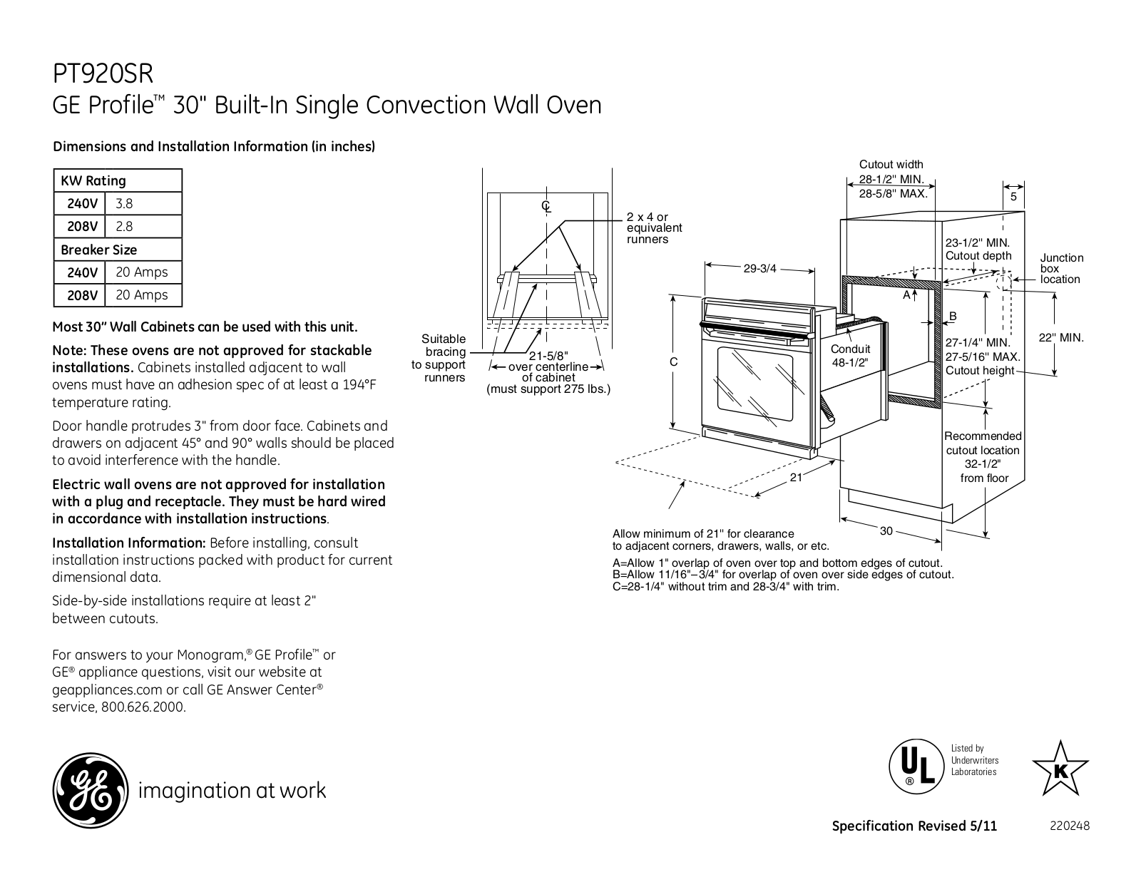 GE PT920SR Specification