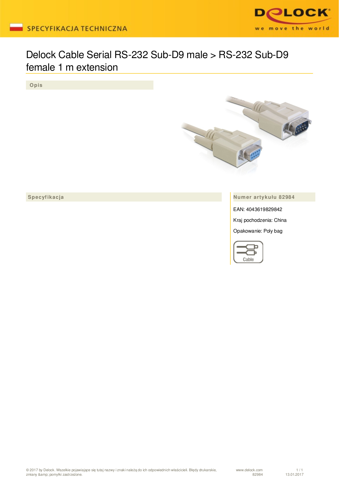 DeLOCK RS-232 cable 9-pol-plug-9-pol-socket 1m User Manual