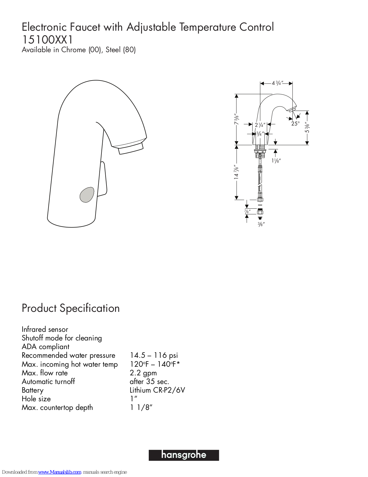 Grohe Electronic Faucet with Adjustable Temperature Control 15100XX1, 15100001, 15100801 Specification Sheet