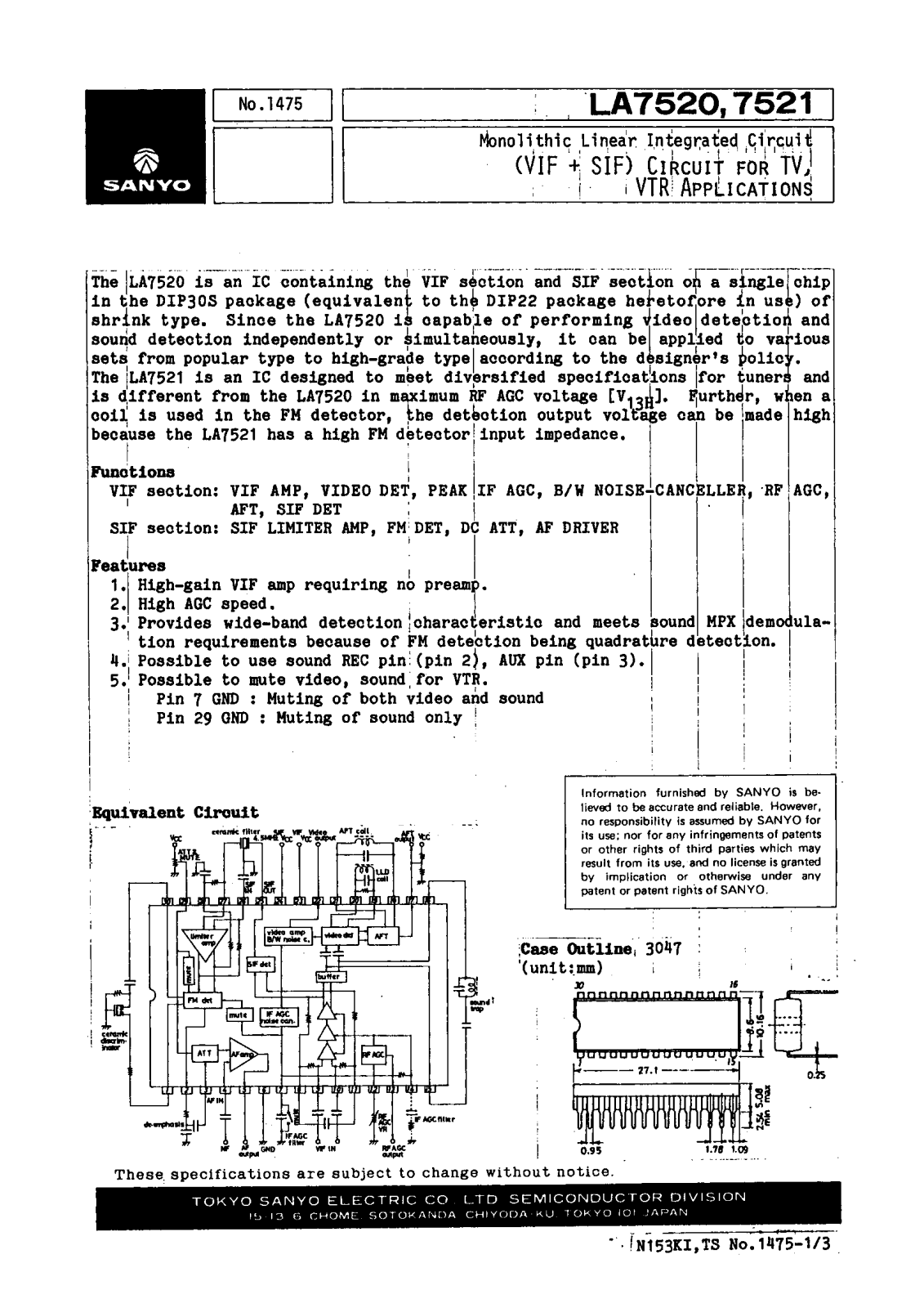 SANYO LA7521, LA7520 Datasheet