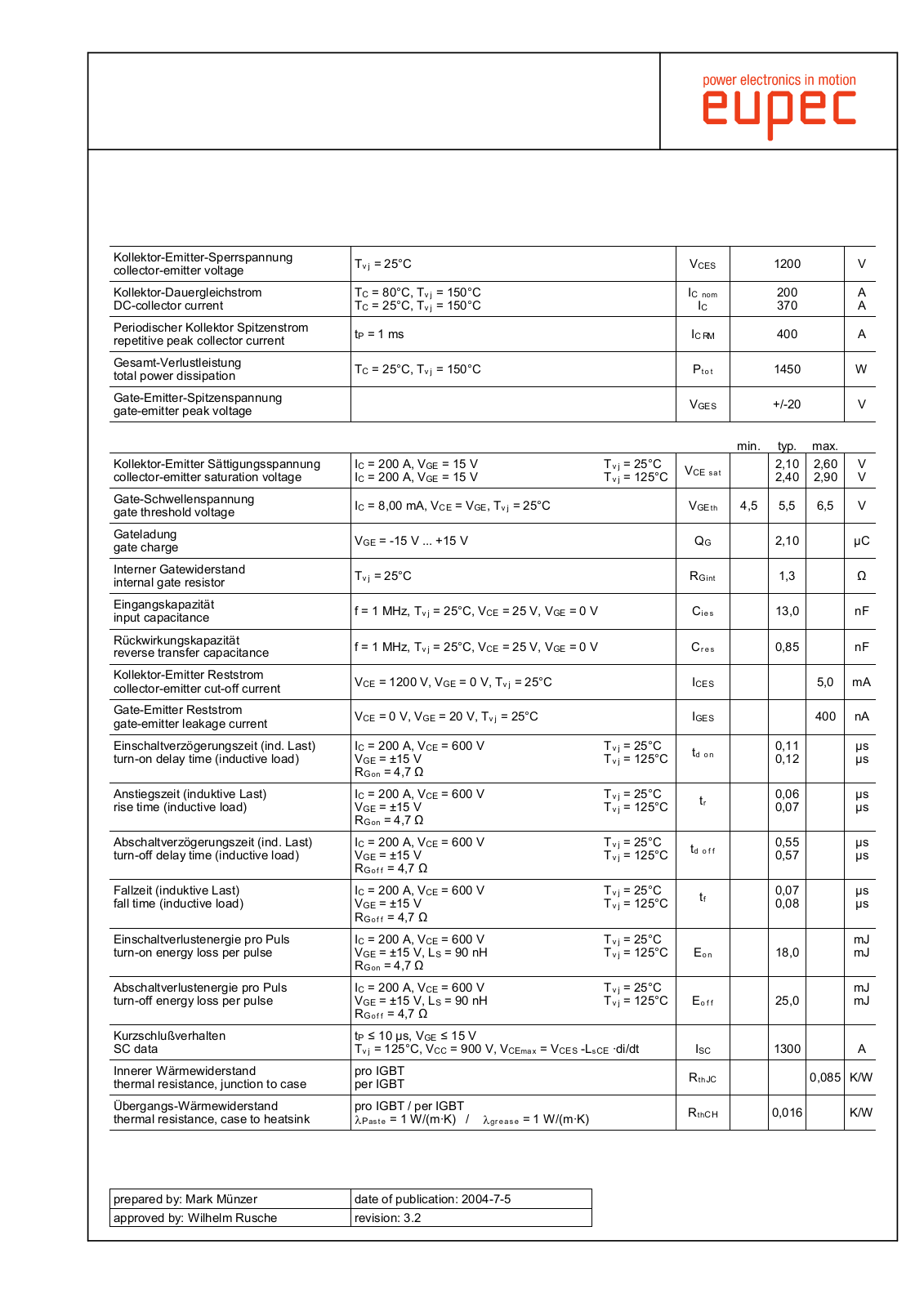 Infineon BSM200GA120DLC Data Sheet