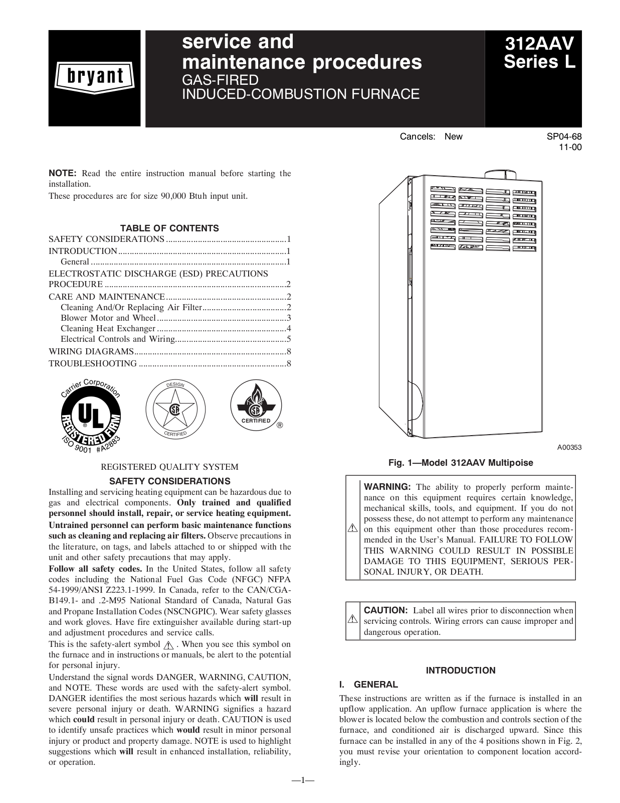 Bryant 312AAV L Series Service And Maintenance Procedures Manual