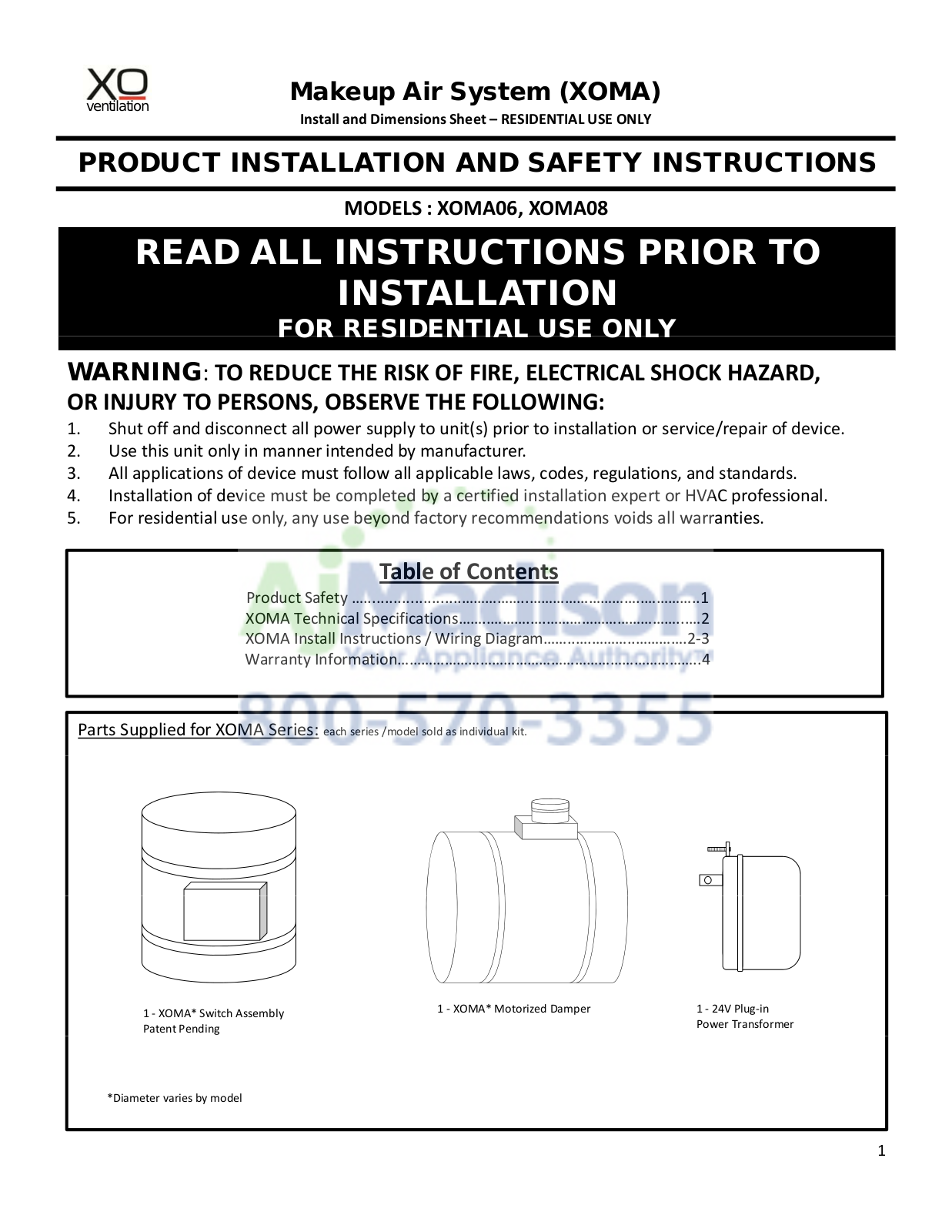 XO XOMA06 Installation manual