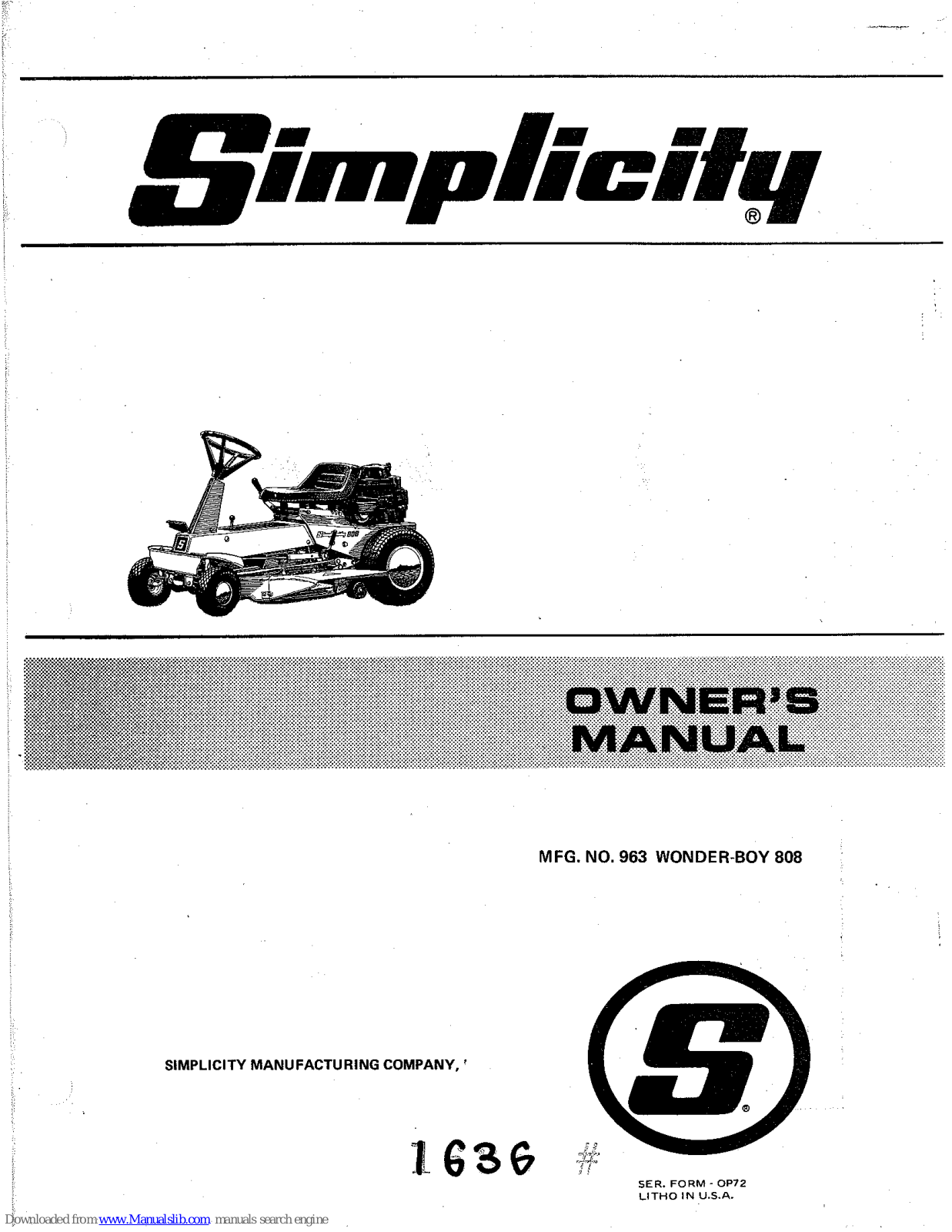 Simplicity Wonder-Boy 963, Wonder-Boy 808 Owner's Manual