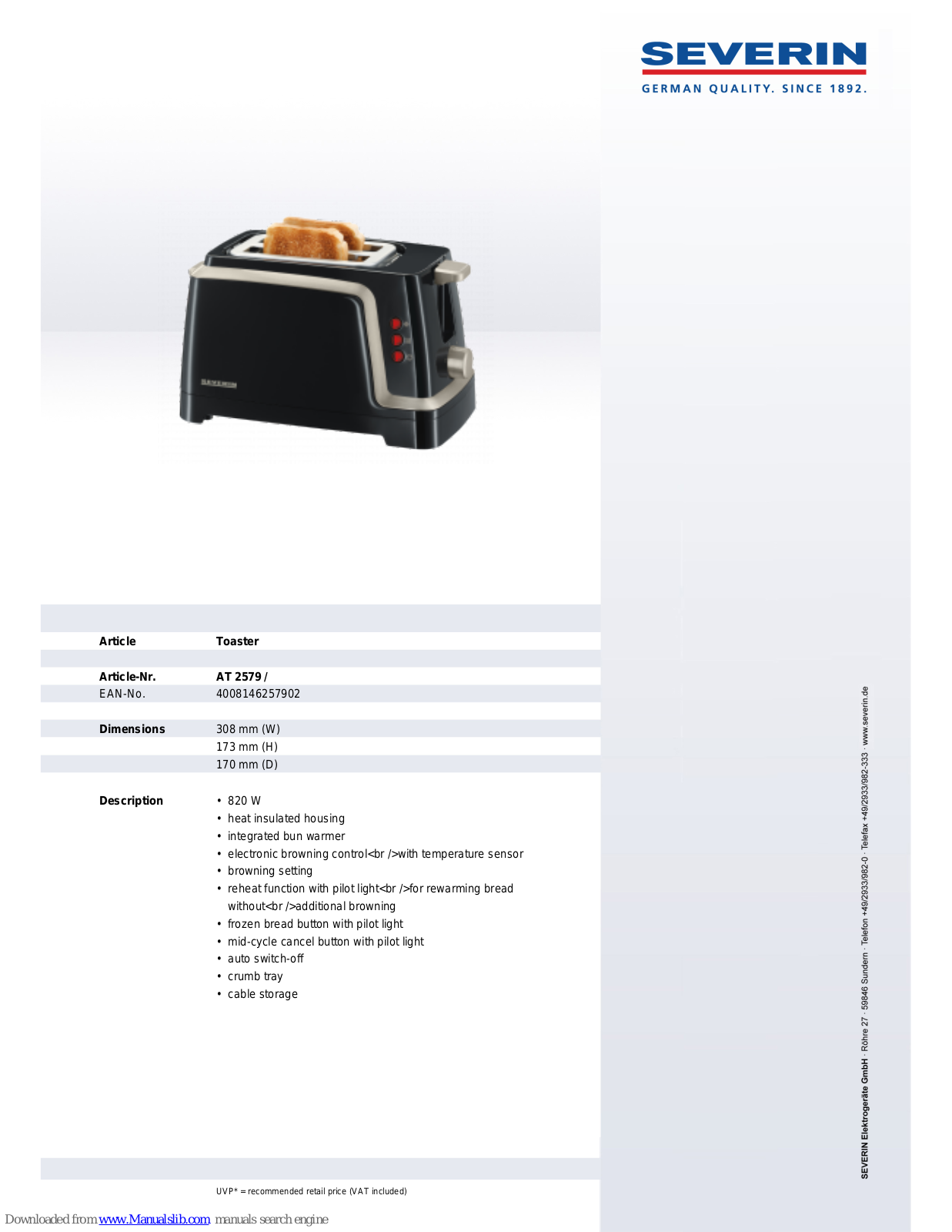 SEVERIN AUTOMATIK- AT 2579, AT 2579 Dimensions