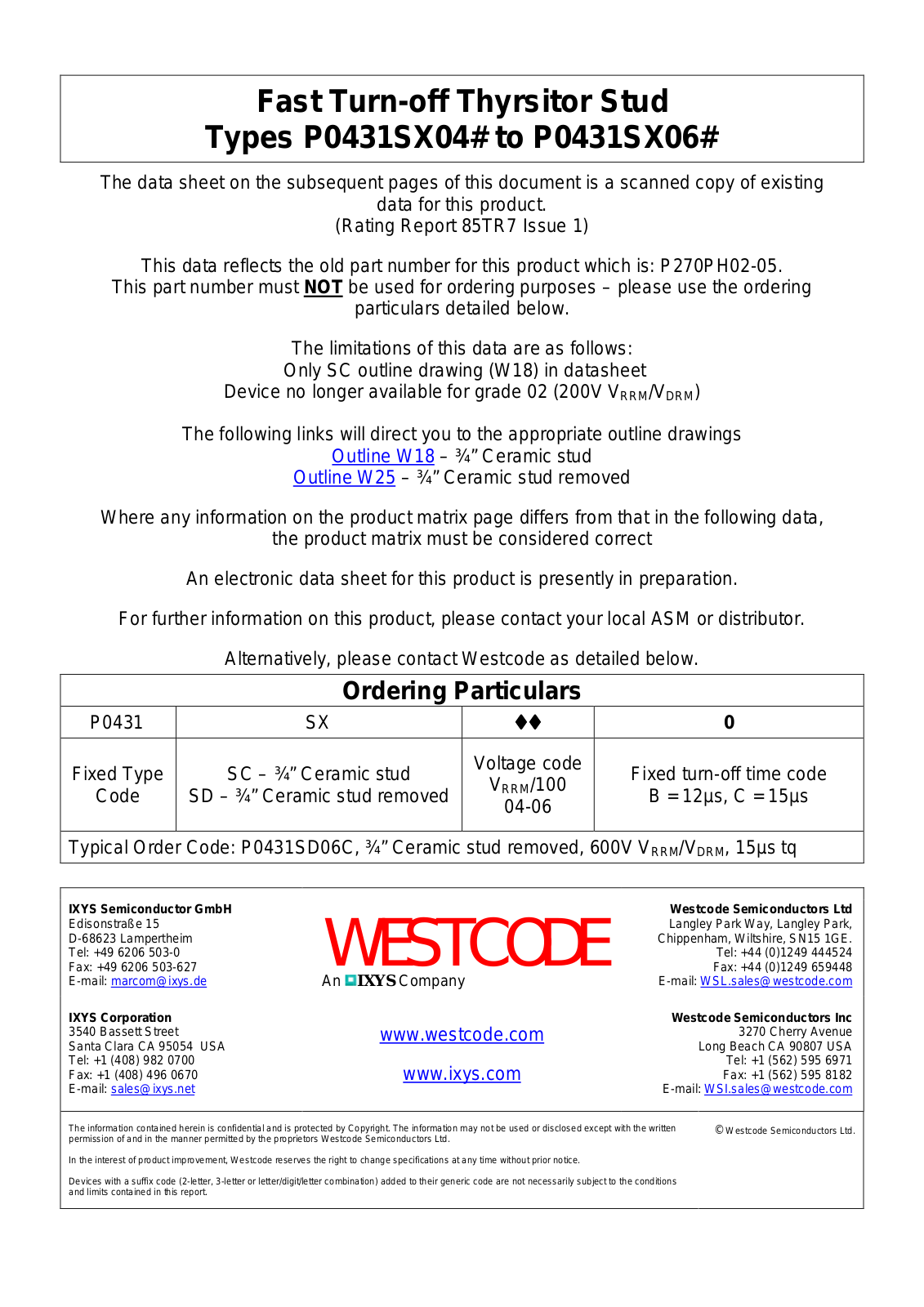 Westcode Semiconductors P0431SX04#, P0431SX06# Data Sheet