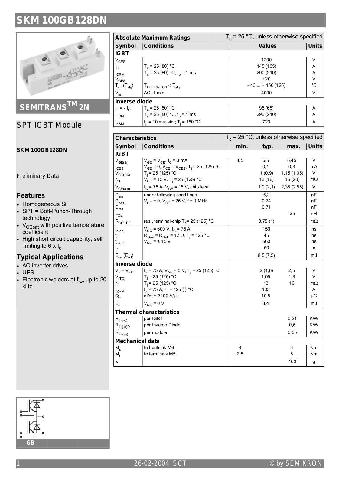 Semikron SKM100GB128DN Data Sheet