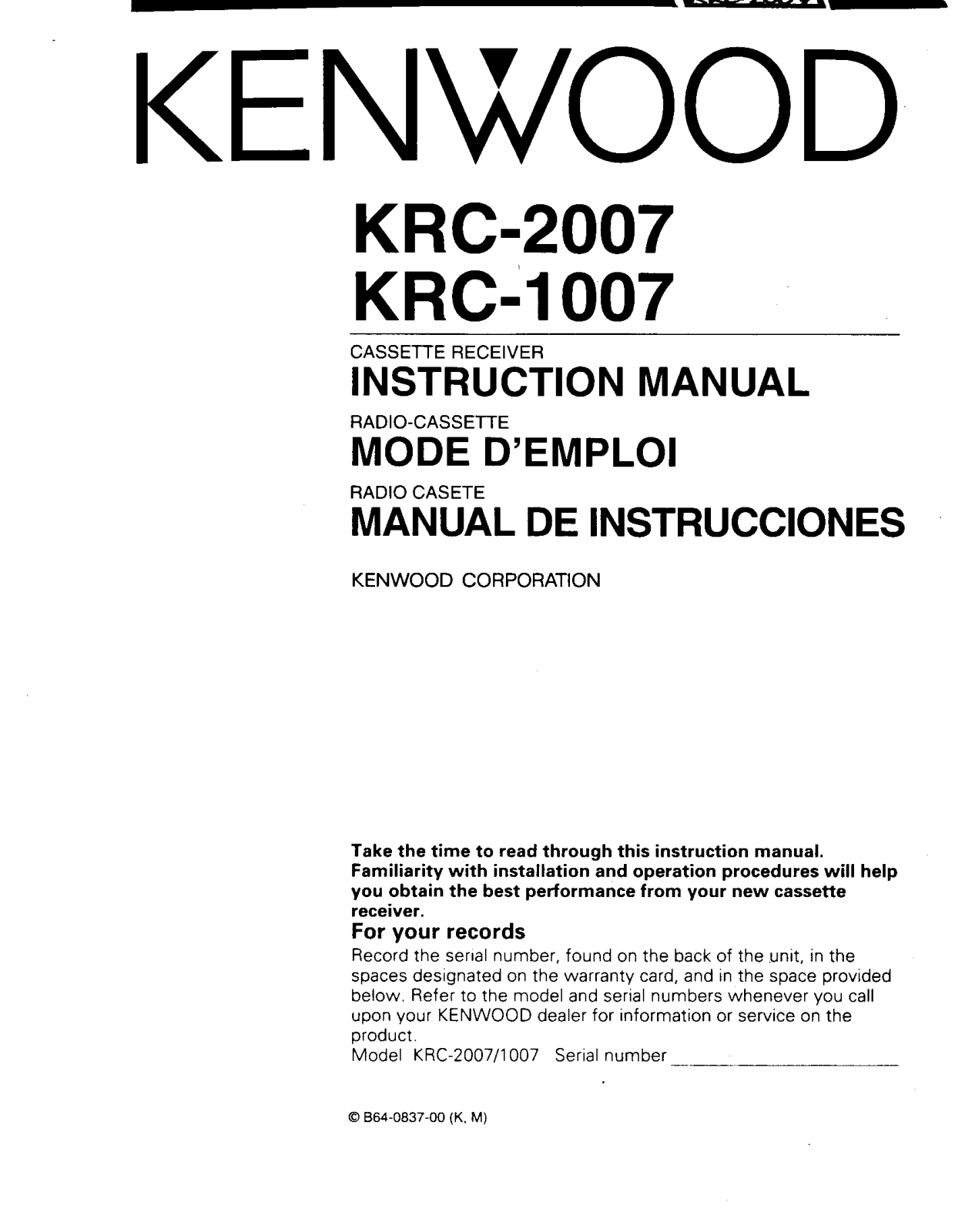 Kenwood KRC-2007, KRC-1007 Owner's Manual