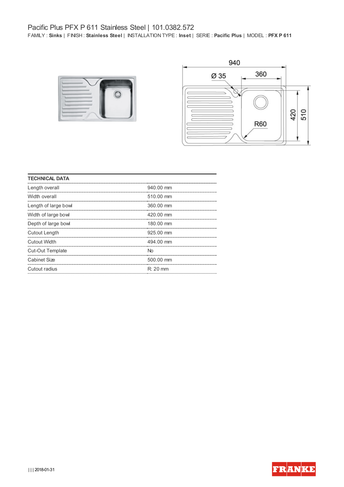 Franke PFX-P611LHD Specifications Sheet