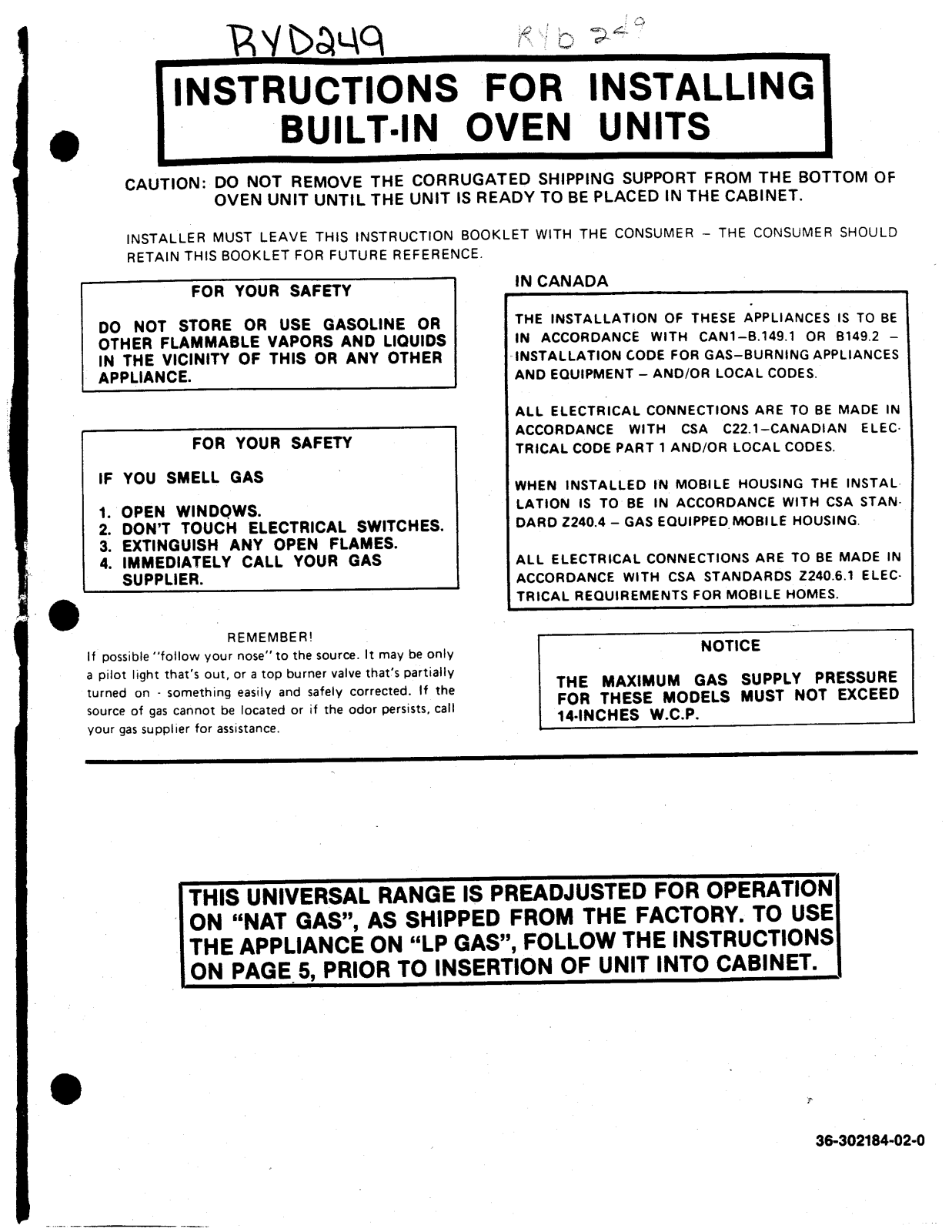 Caloric RYD249 Installation Instructions