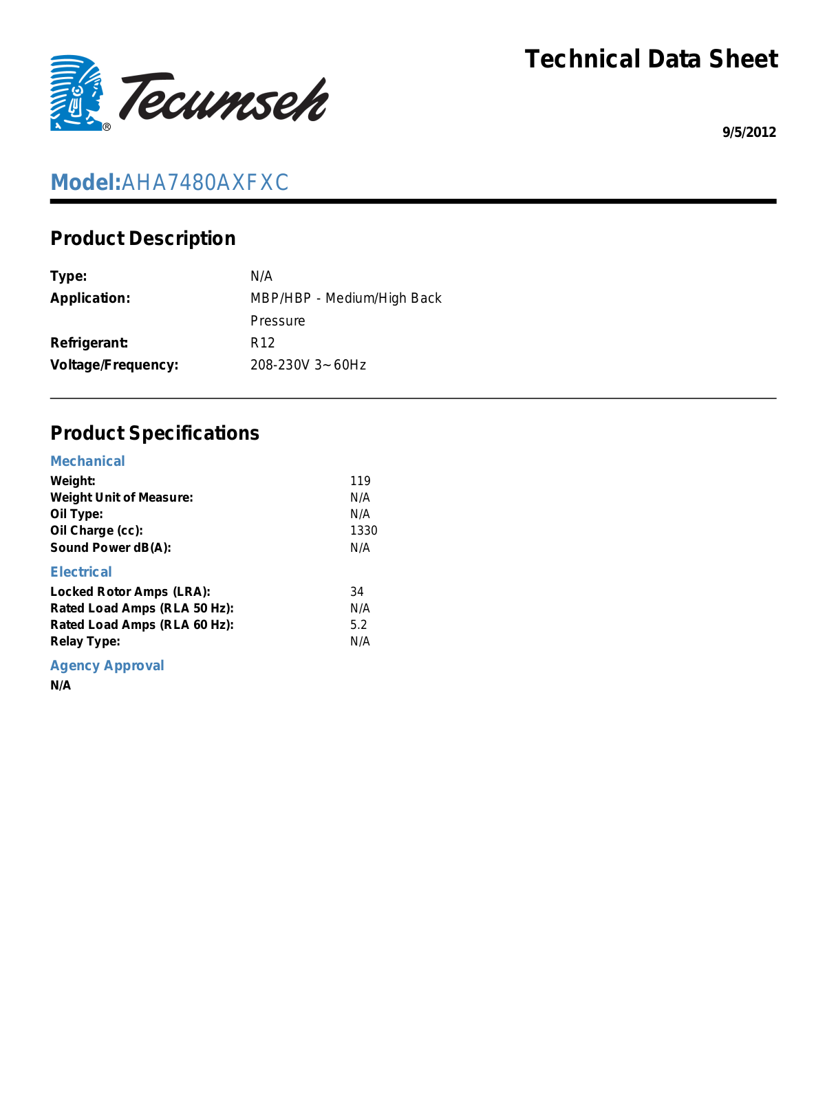 Tecumseh AHA7480AXFXC User Manual