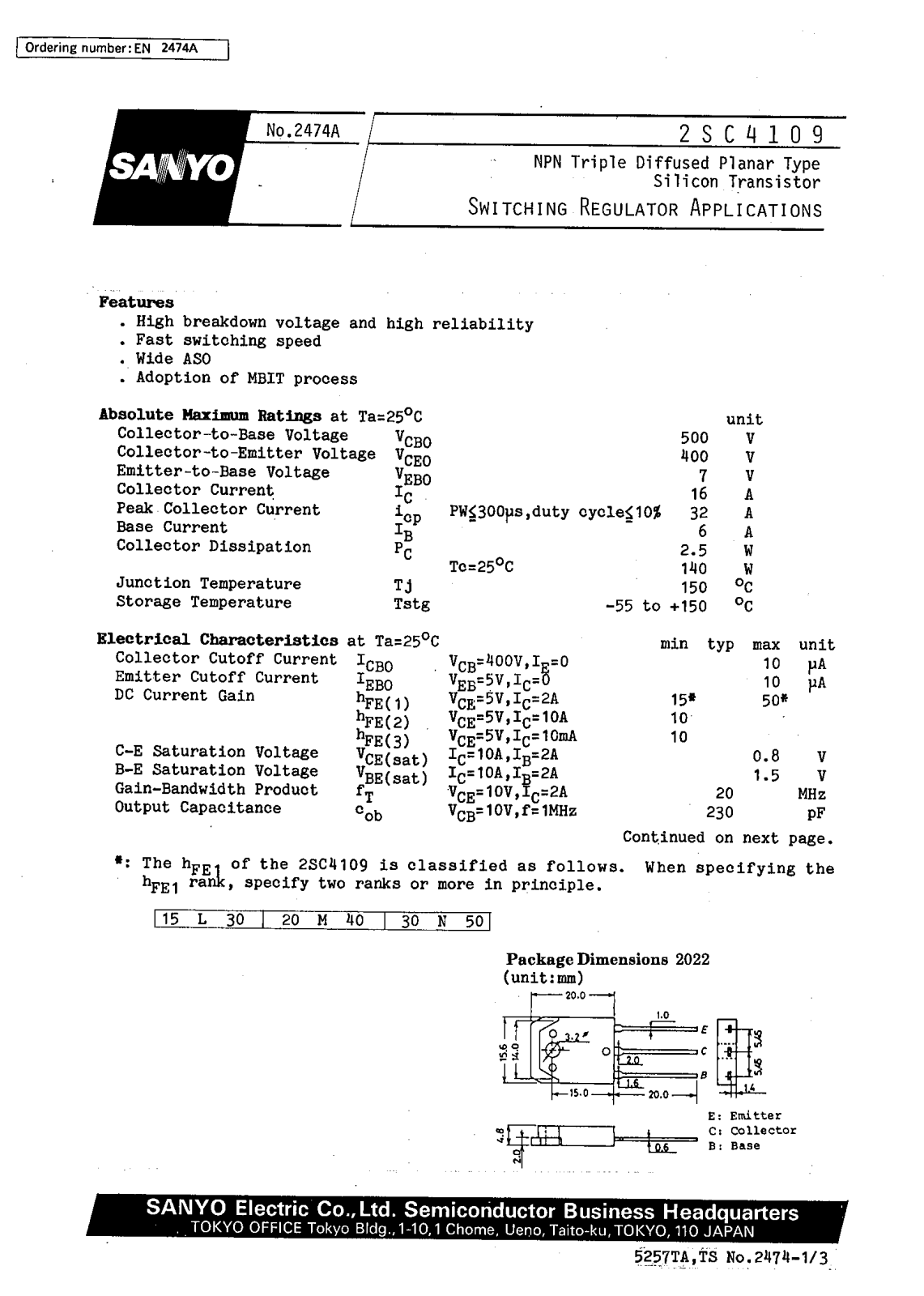 SANYO 2SC4109 Datasheet