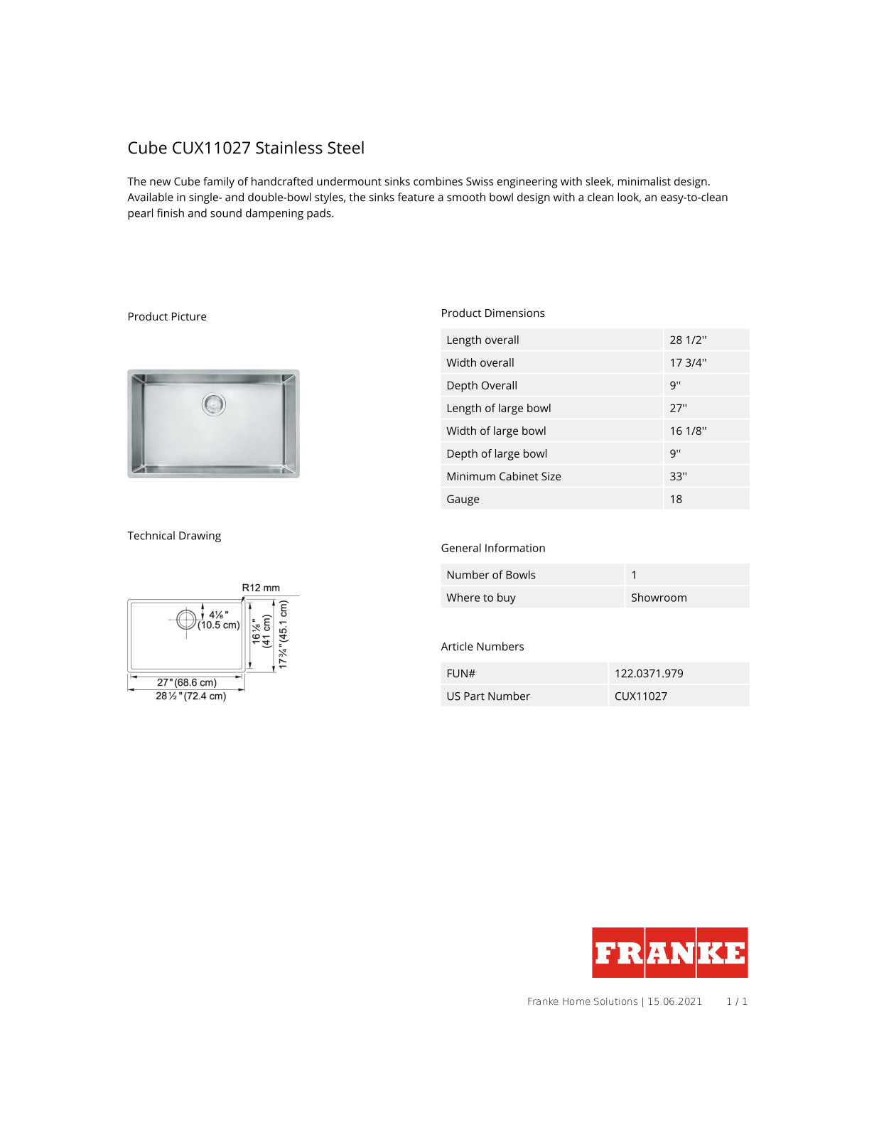 Franke CUX11027 Specification Sheet