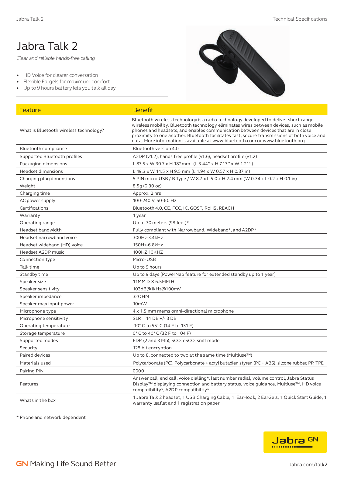 Jabra Talk 2 Specifications Sheet