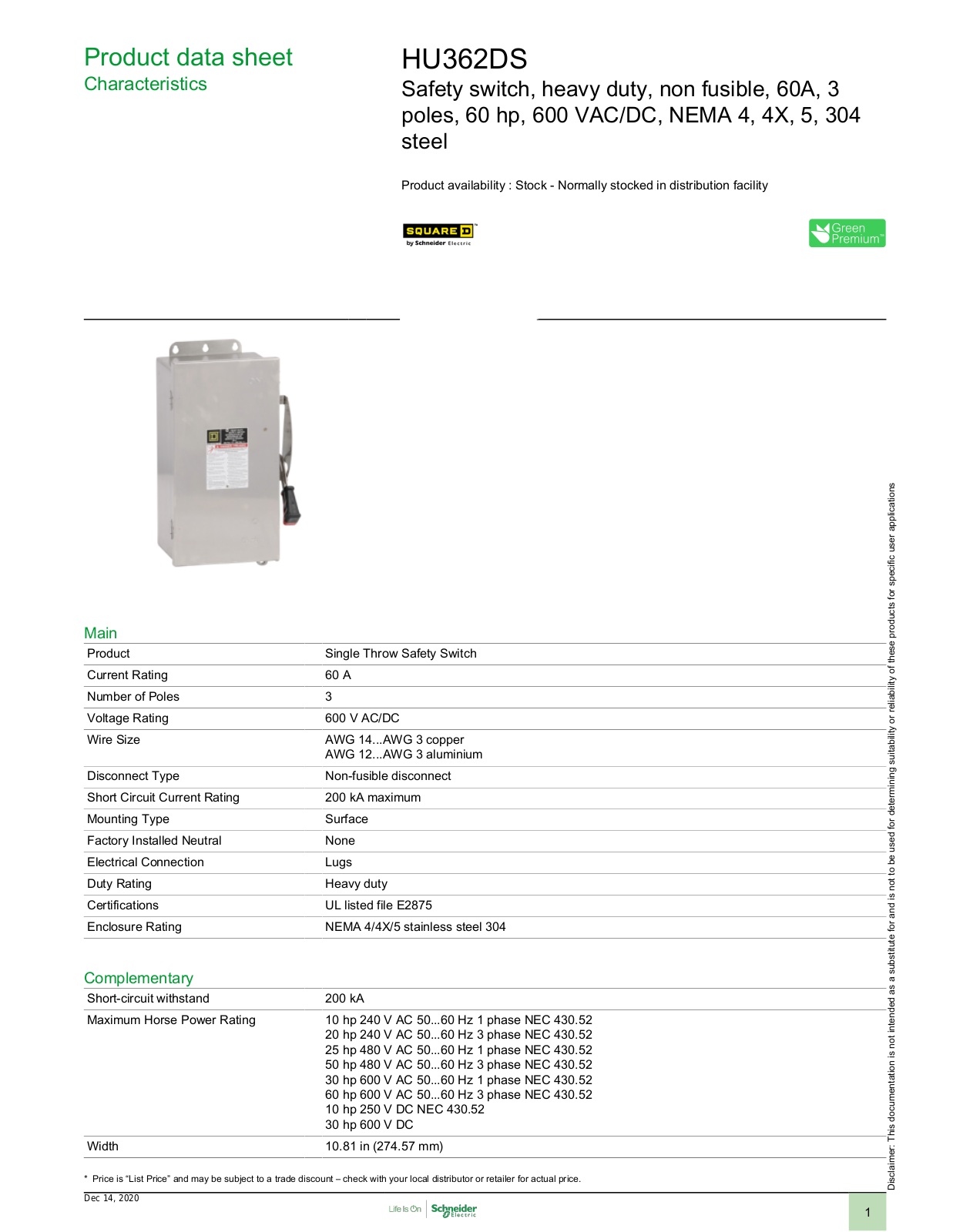 Square D HU362DS Data Sheet