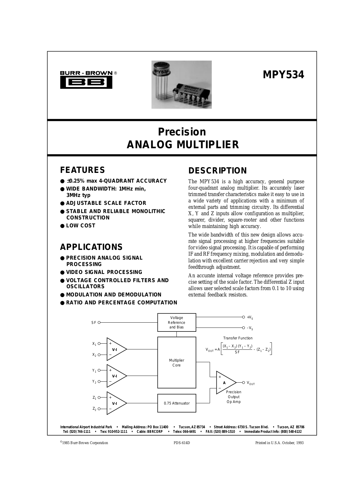 Burr Brown MPY534KD, MPY534JD, MPY534SD, MPY534SH, MPY534TD Datasheet