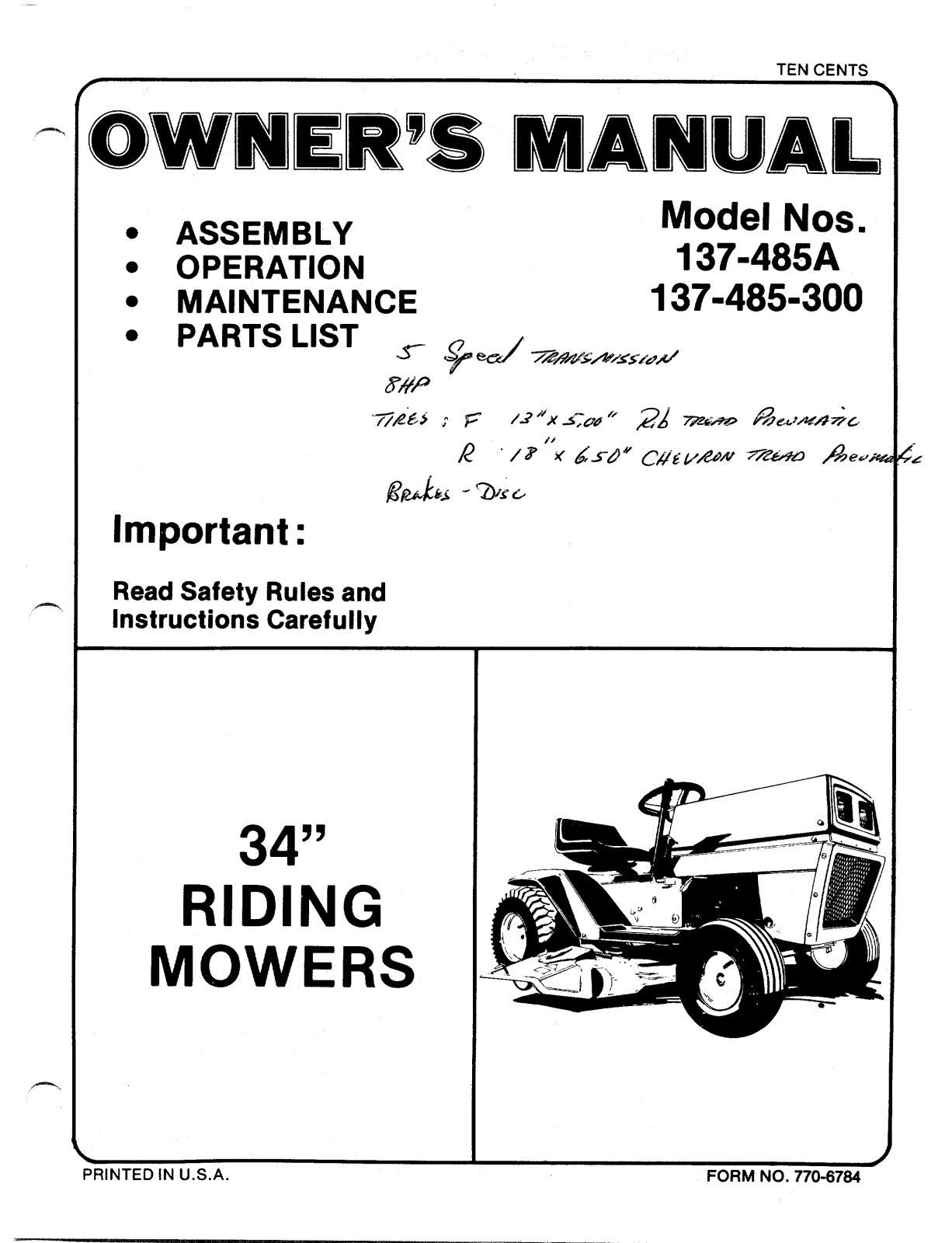 Mtd 137-485a, 137-485-300 owners Manual