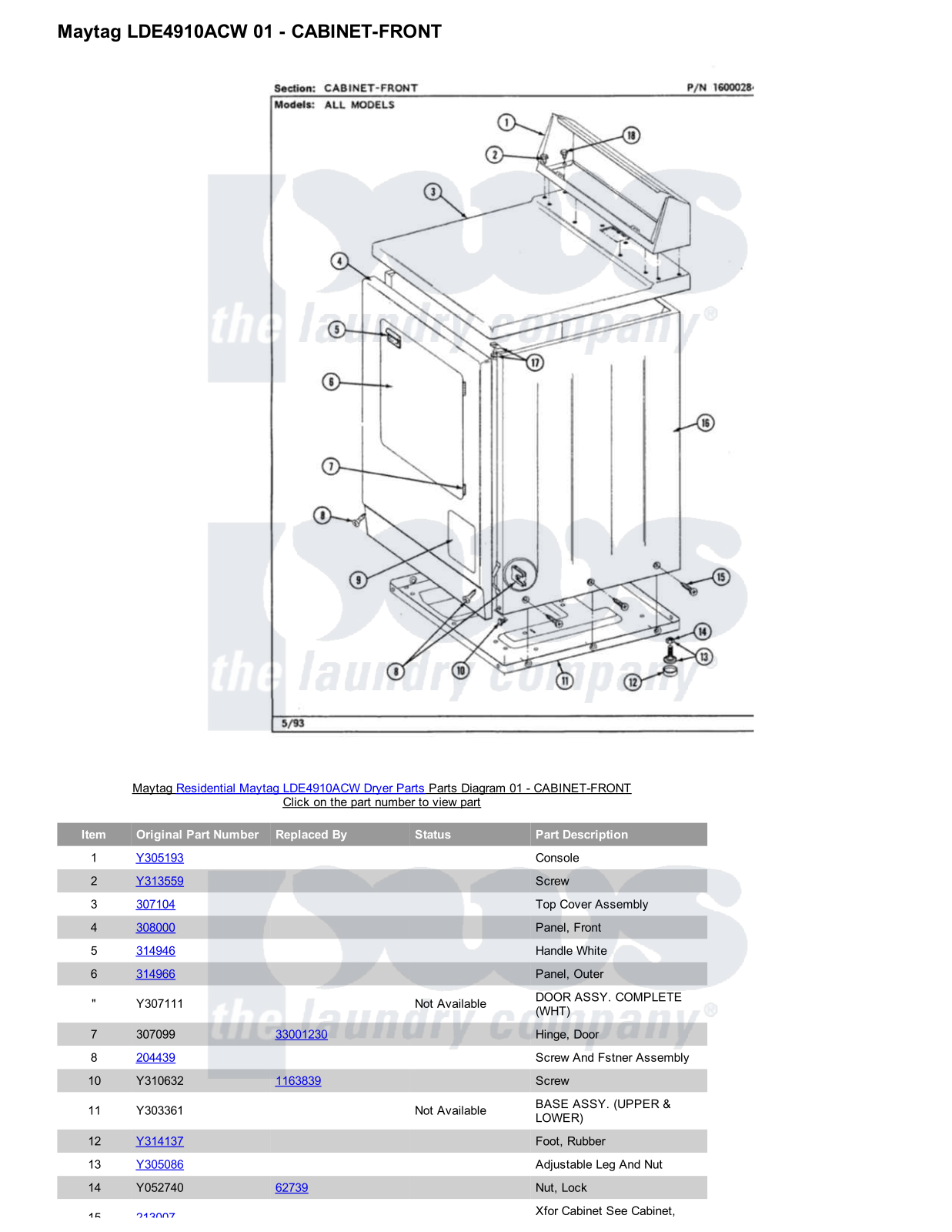 Maytag LDE4910ACW Parts Diagram