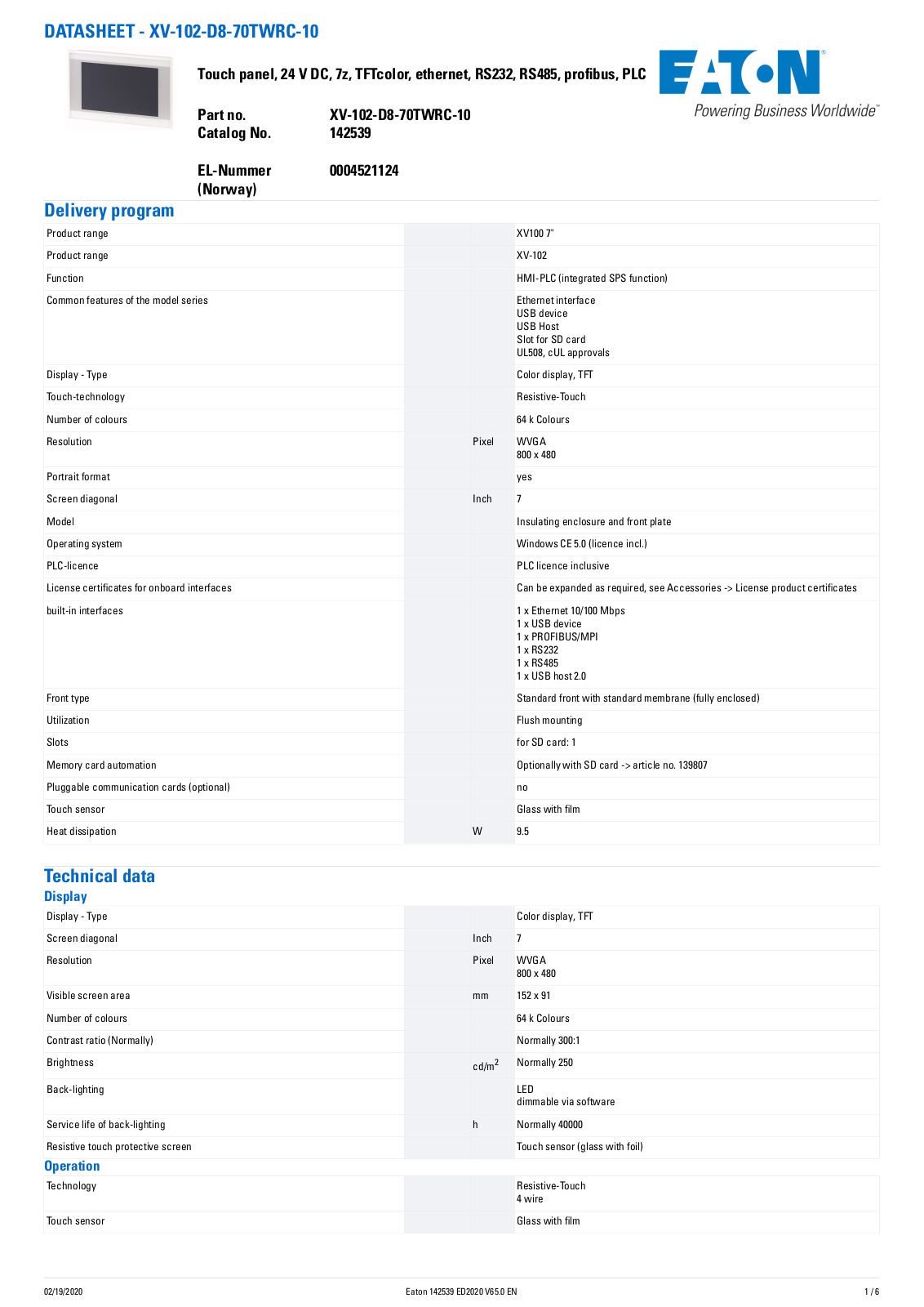 Cutler Hammer, Div of Eaton Corp XV-102-D8-70TWRC-10 Data Sheet