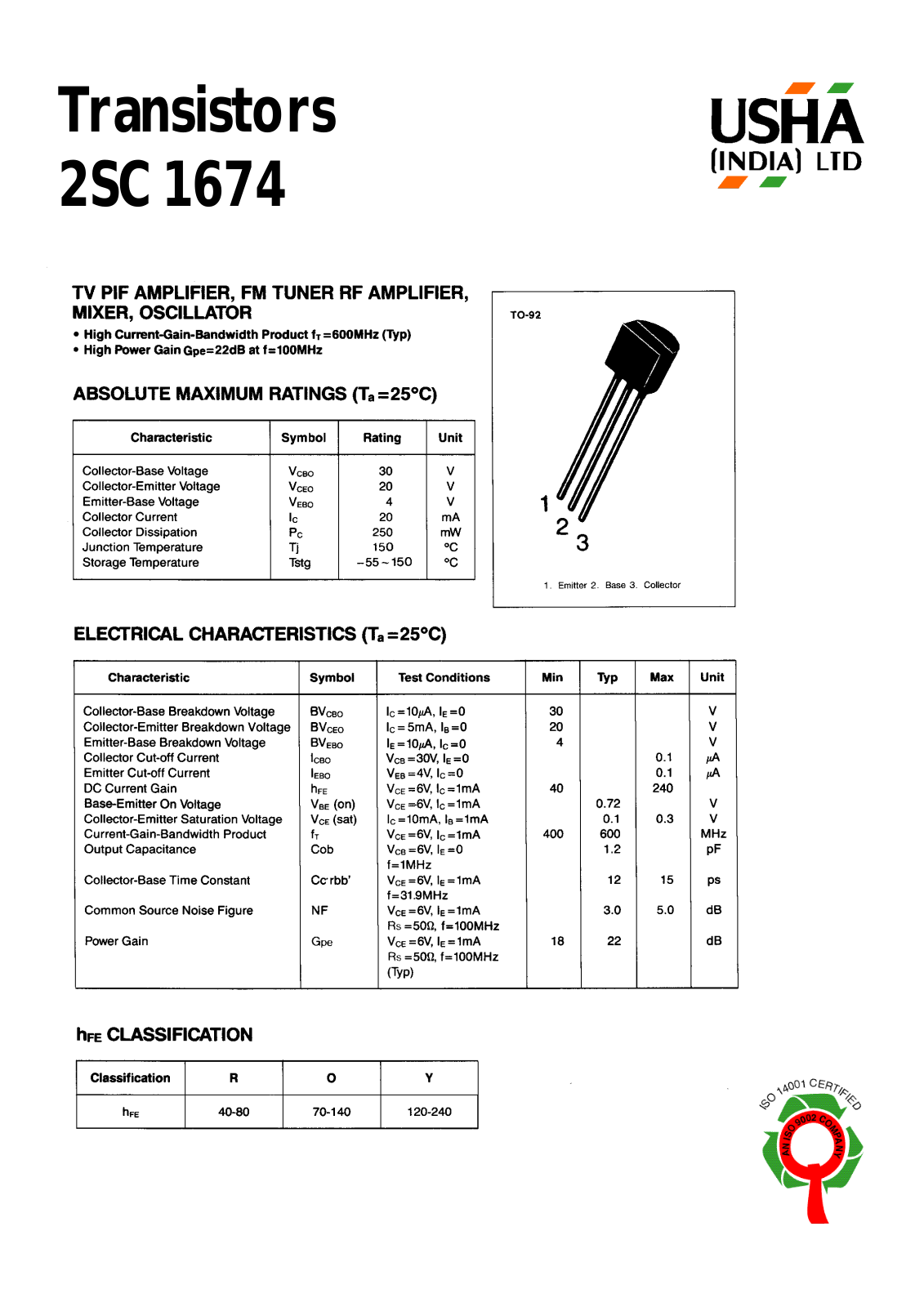 USHA 2SC1674 Datasheet