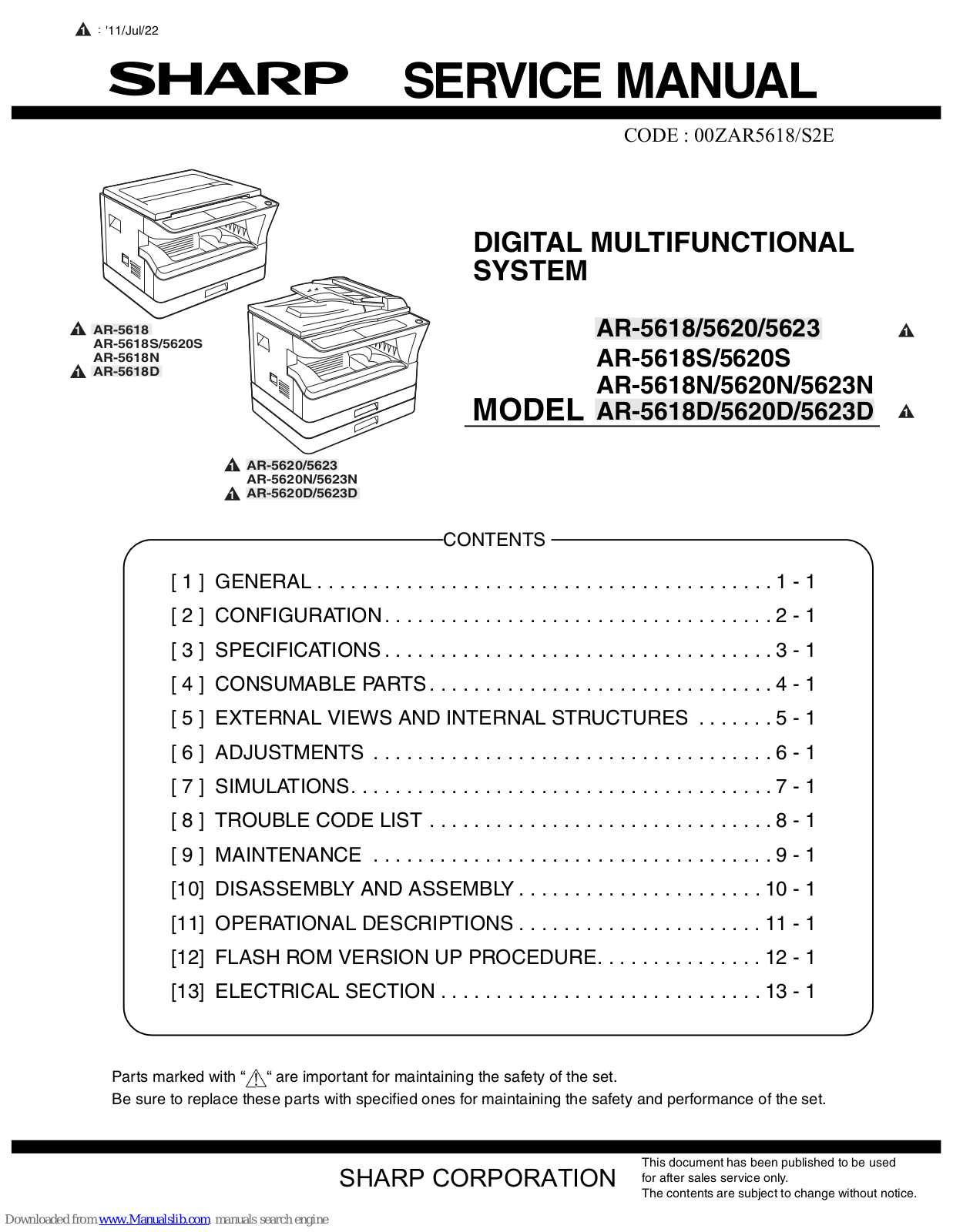 Sharp AR-5623, AR-5620, AR-5620S, AR-5618N, AR-5618S Service Manual