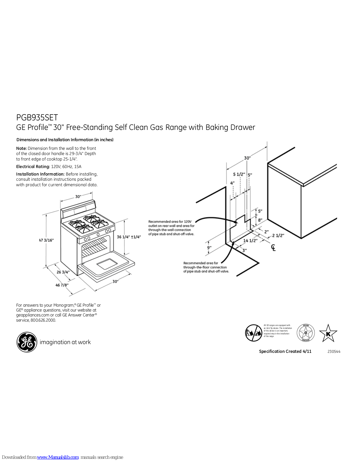 GE PGB935SETSS, Profile PGB935SET Dimensions And Installation Information