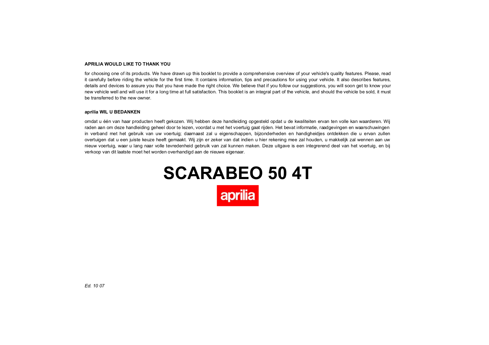 Aprilia Scarabeo 50 4T 2007 Owner's manual