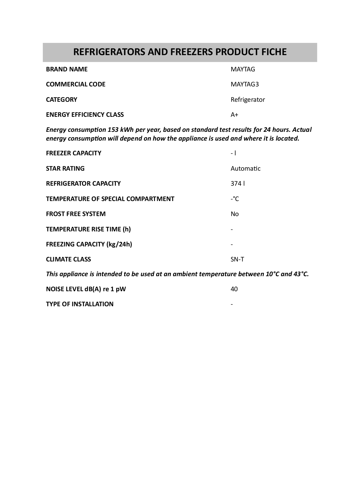 Whirlpool MAYTAG3 Product Sheet