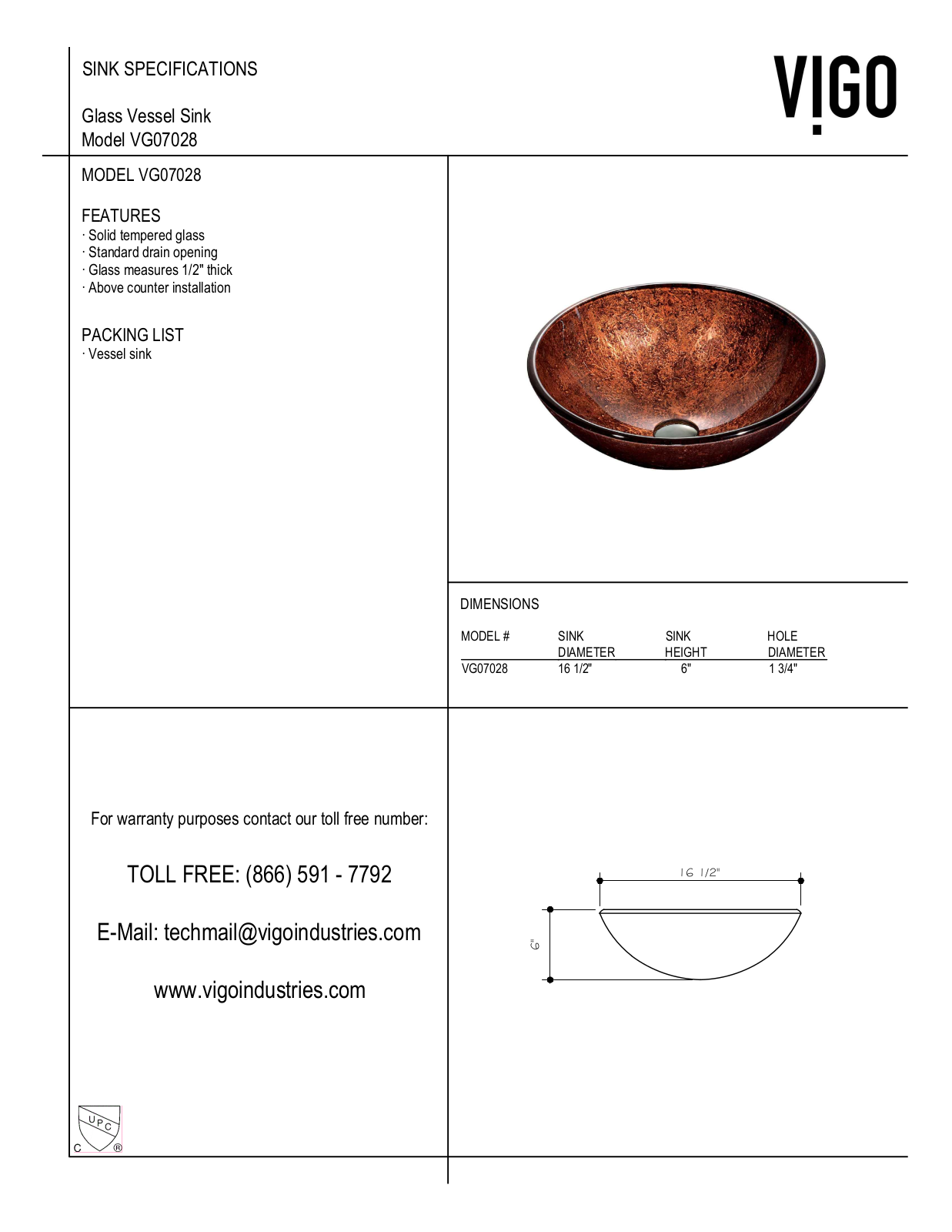 Vigo VGT395 Specifications