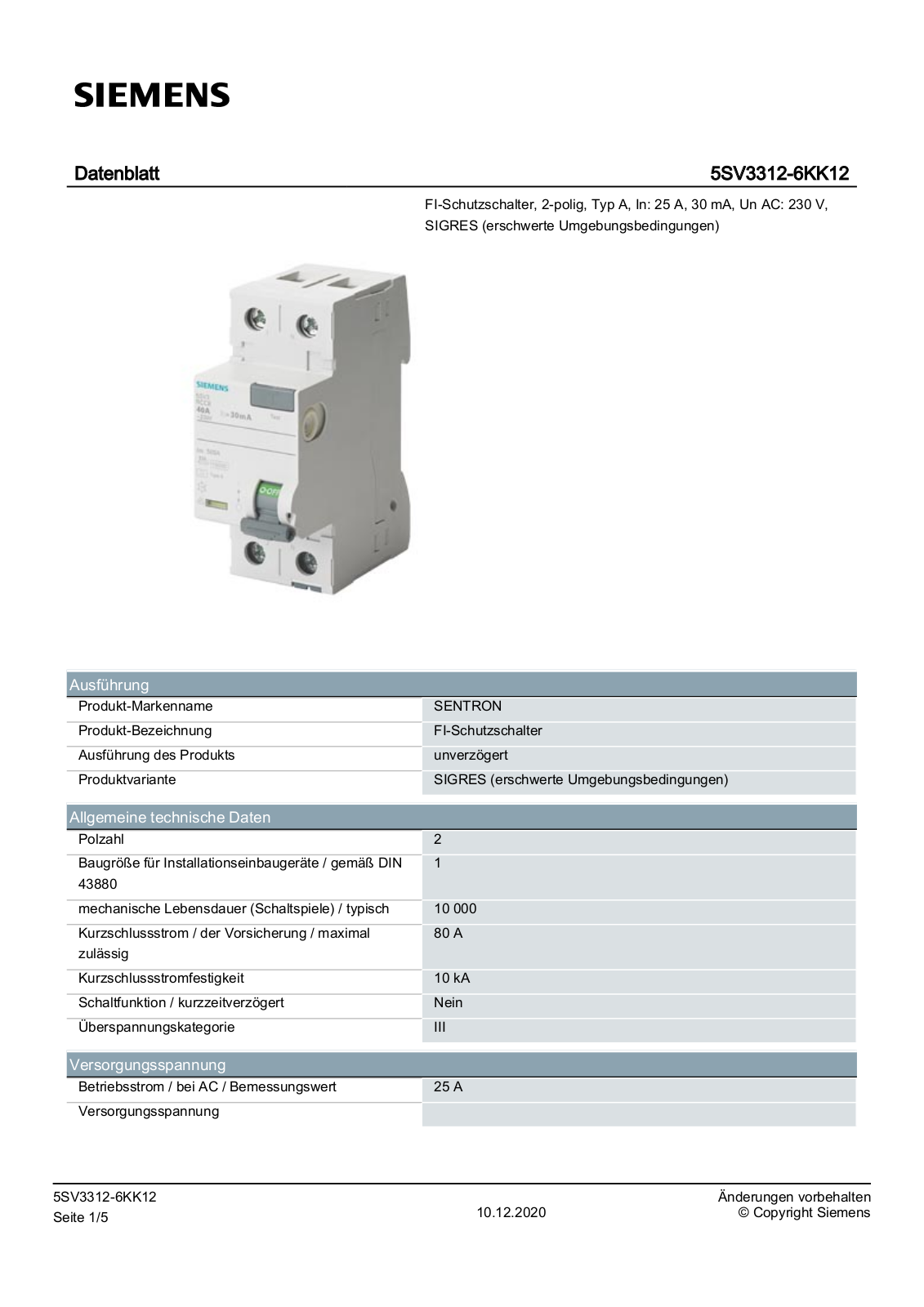 Siemens 5SV3312-6KK12 Datenblatt