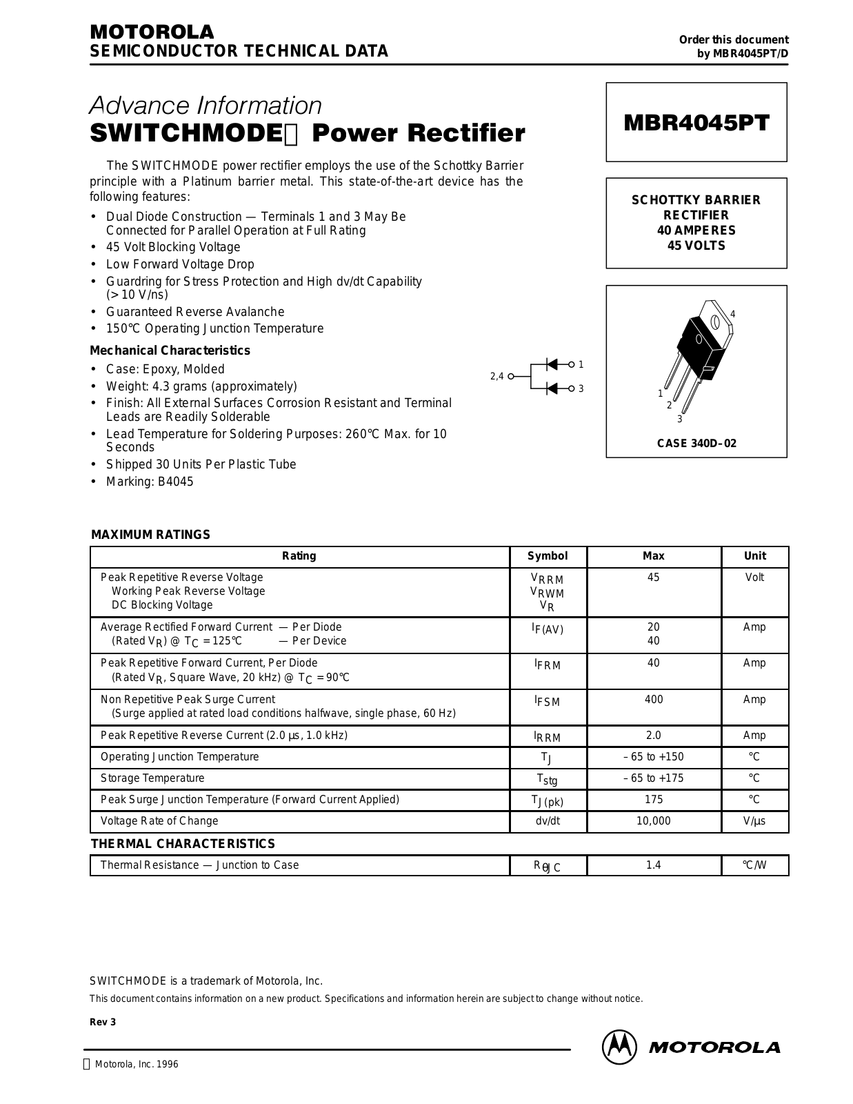 Motorola MBR4045PT Datasheet