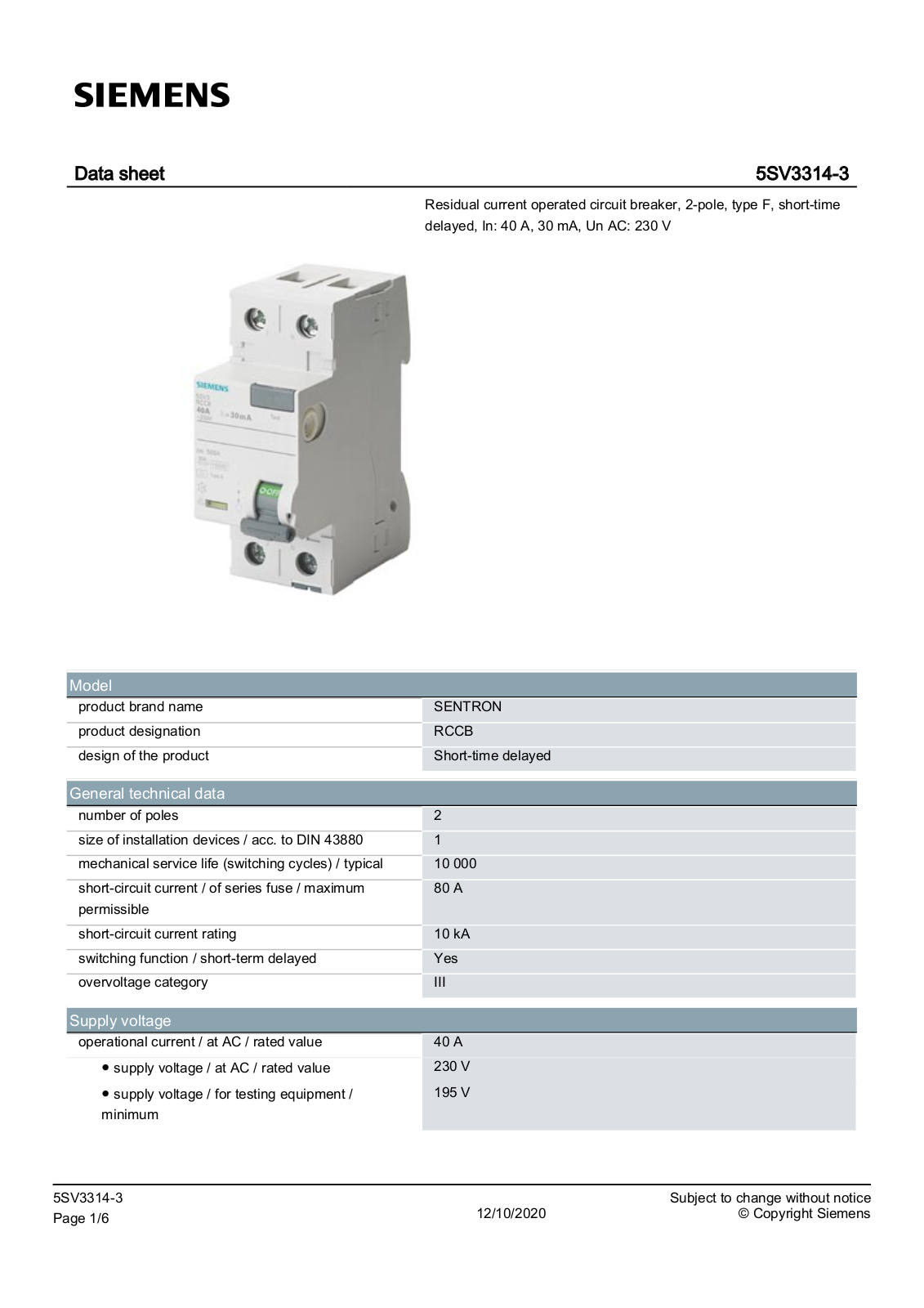 Siemens 5SV3314-3 data sheet