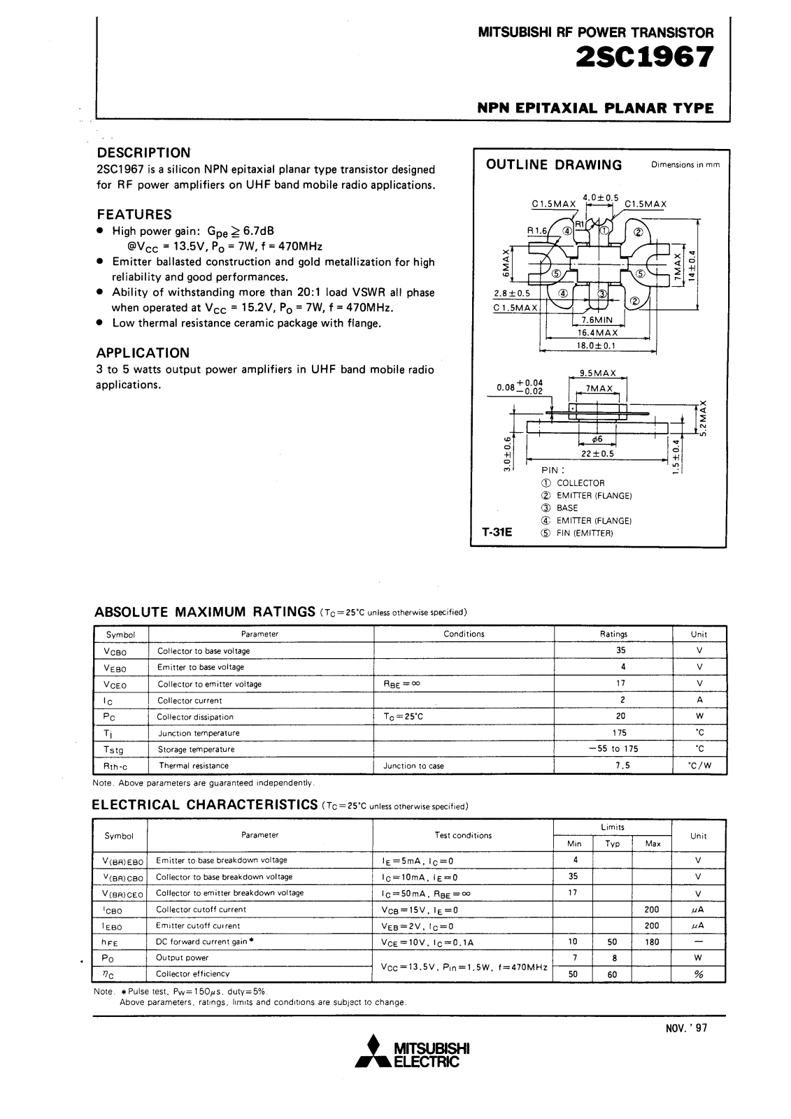 Mitsubishi Electric Corporation Semiconductor Group 2SC1967 Datasheet