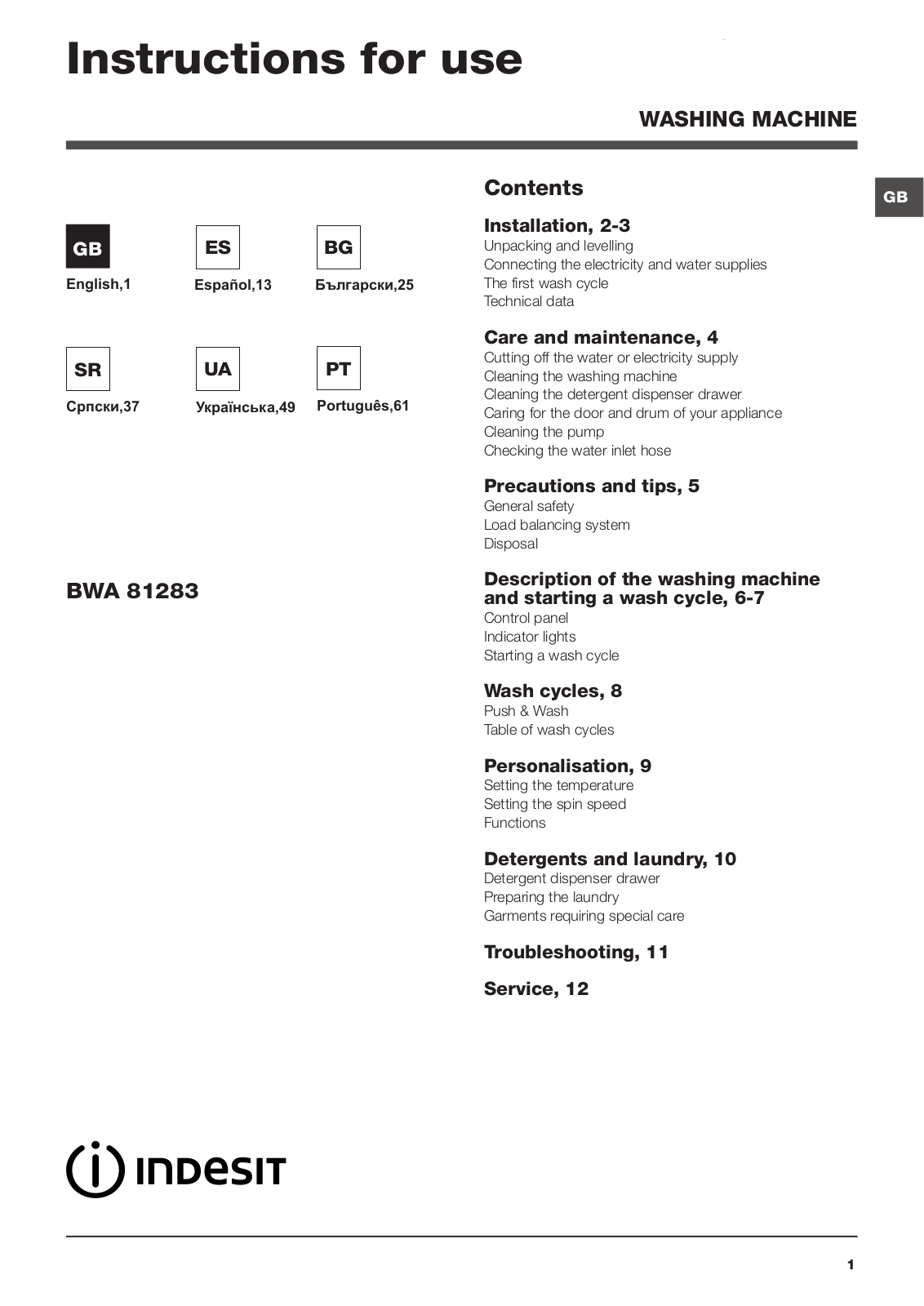 INDESIT BWA 81283X WWWG EU User Manual