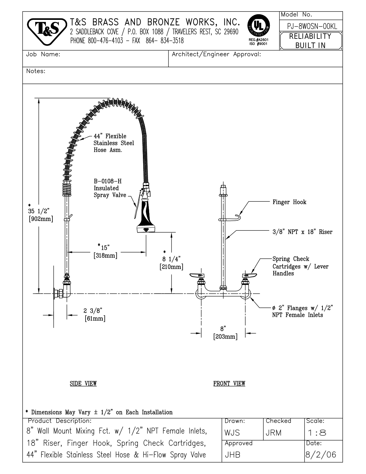 T&S Brass PJ-8WOSN-00KL User Manual