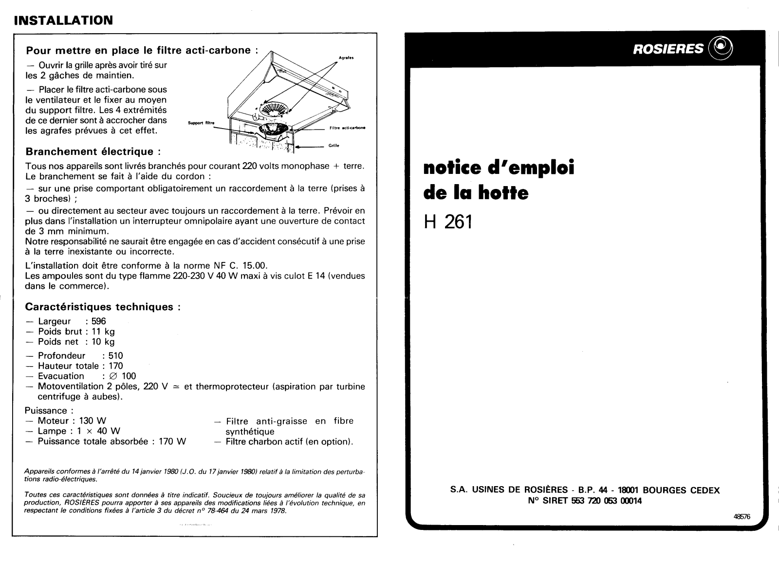 Rosieres H 261 User Manual