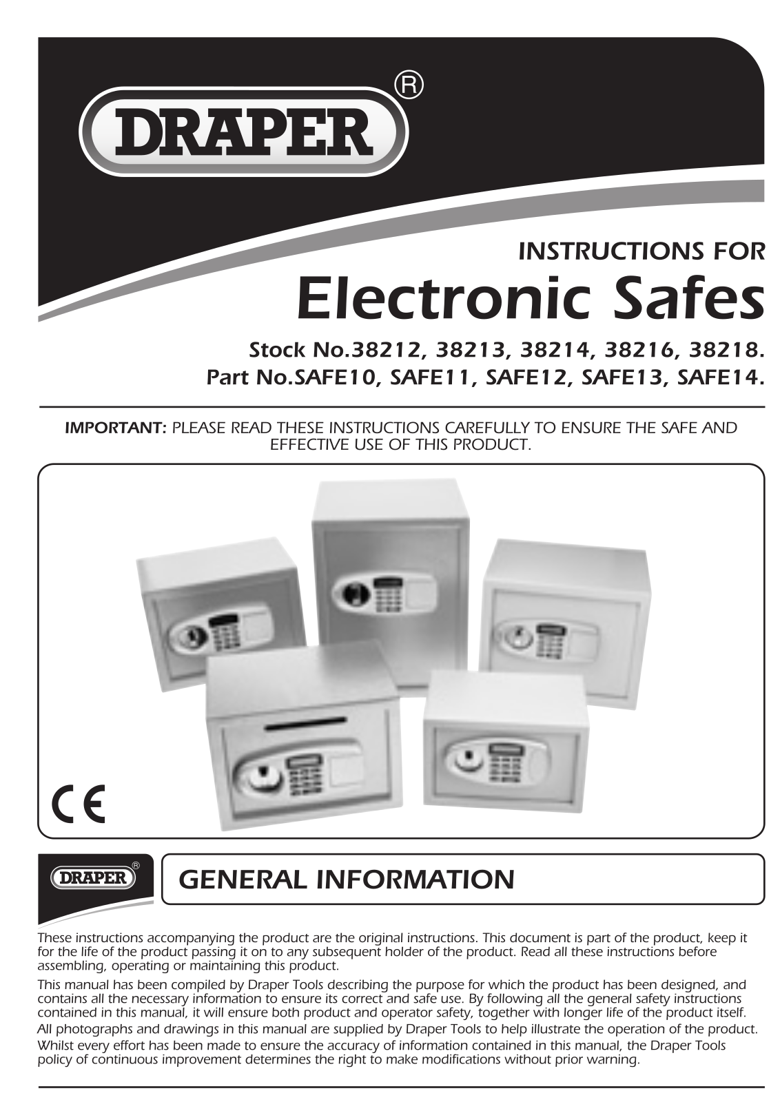 Draper 38212, 38213, 38214, 38216, 38218 Instruction Booklet
