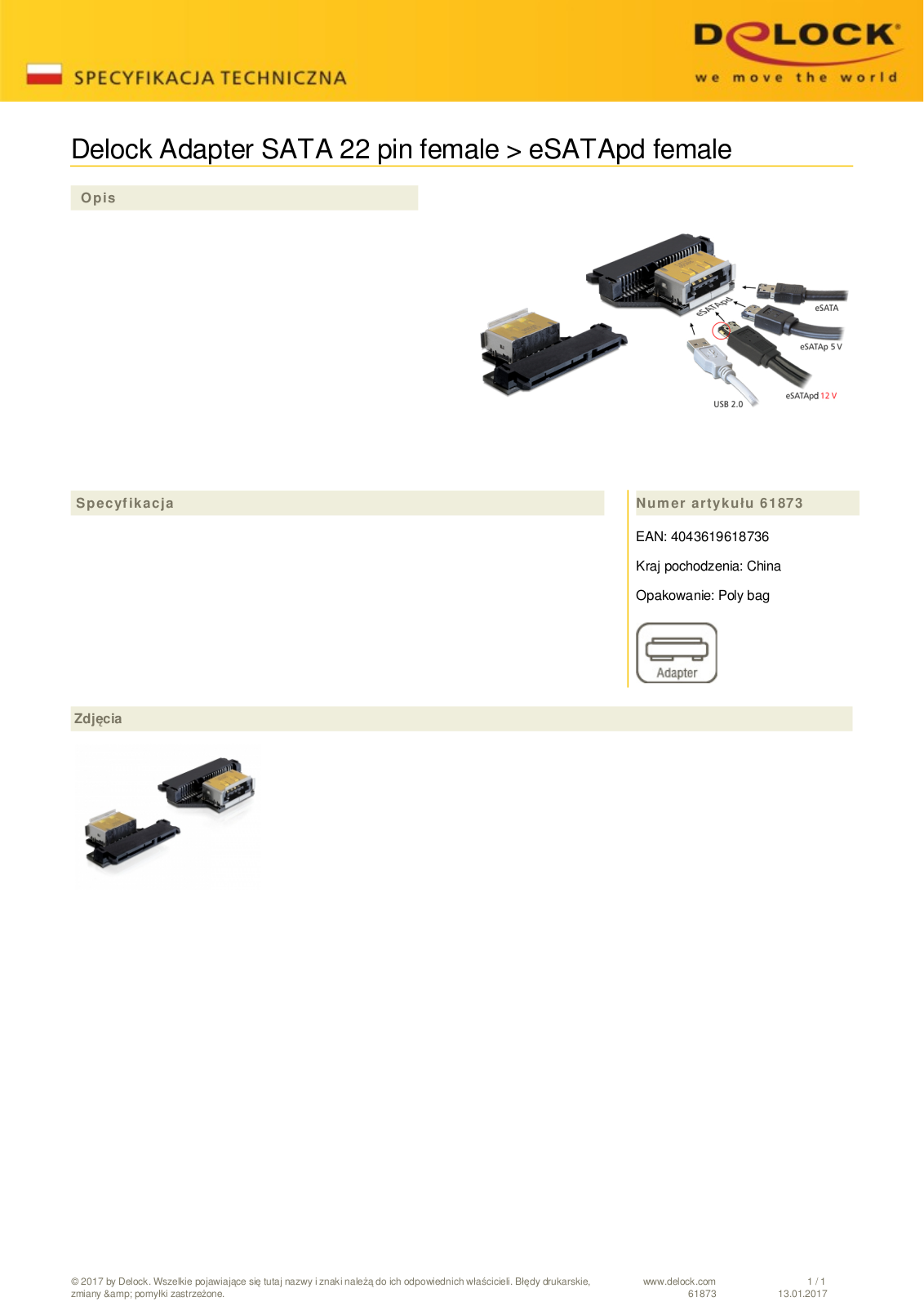 DeLOCK adapter SATA 22 pin female - eSATApd female User Manual