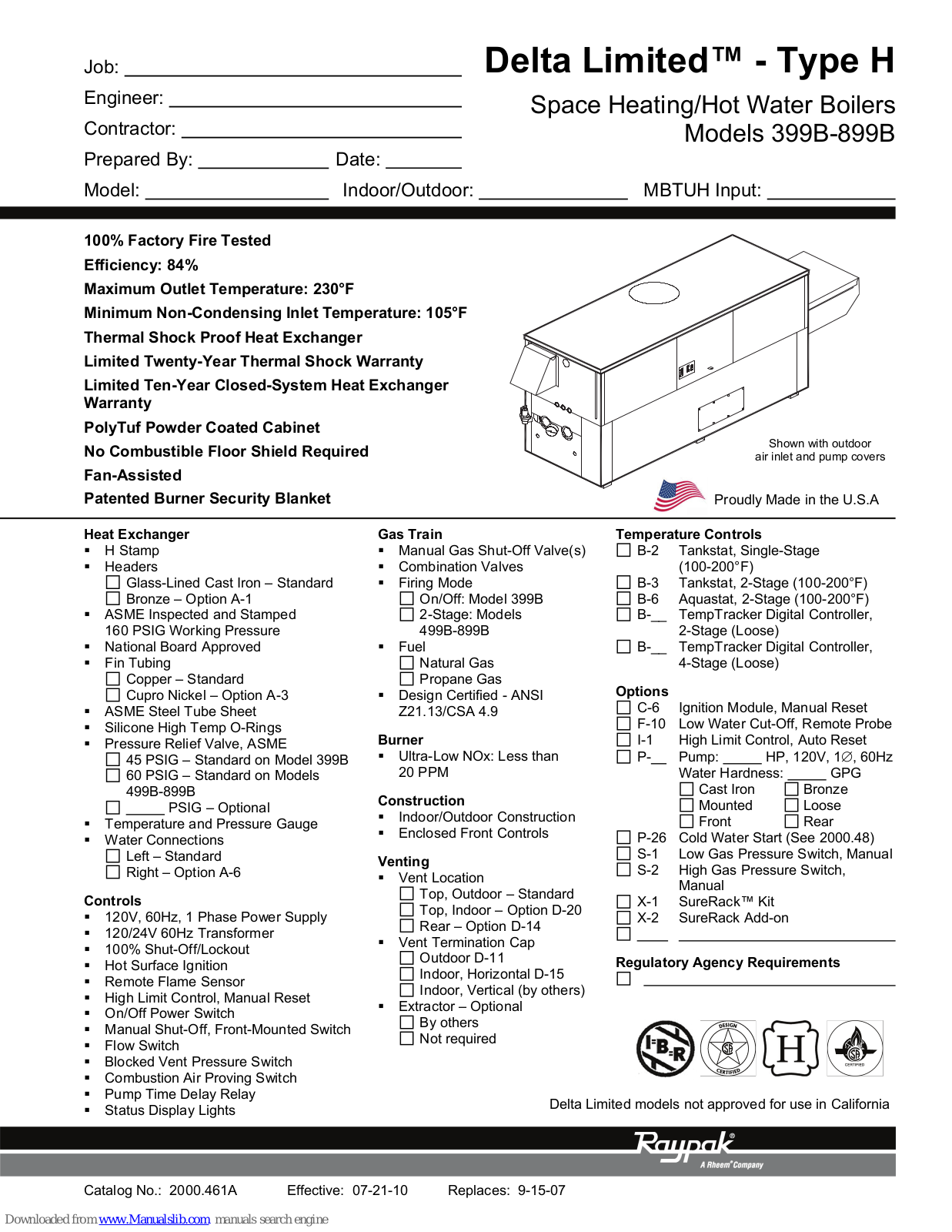 Raypak DEL TA LIMITED 399B, DELTA LIMITED 499B, DELTA LIMITED 649B, DELTA LIMITED 749B, DELTA LIMITED 899B Specifications