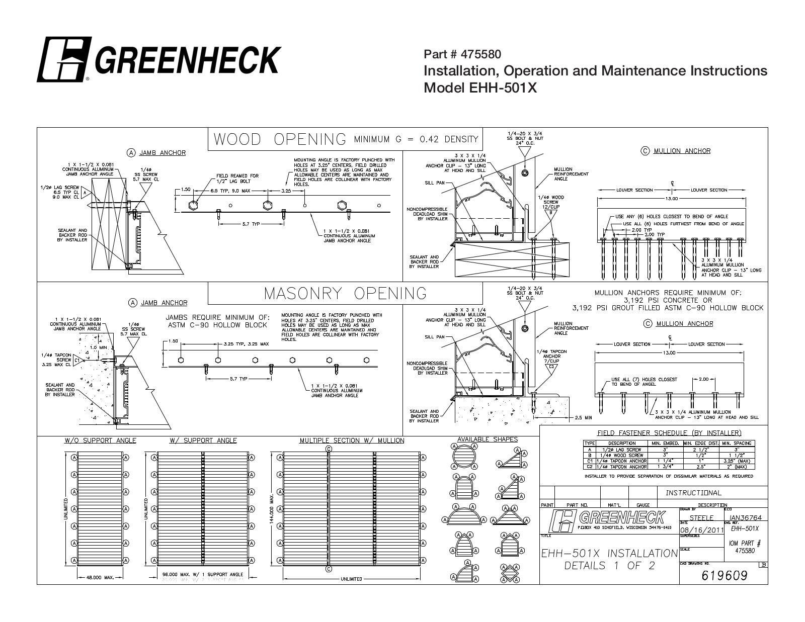 Greenheck EHH-501X Installation  Manual