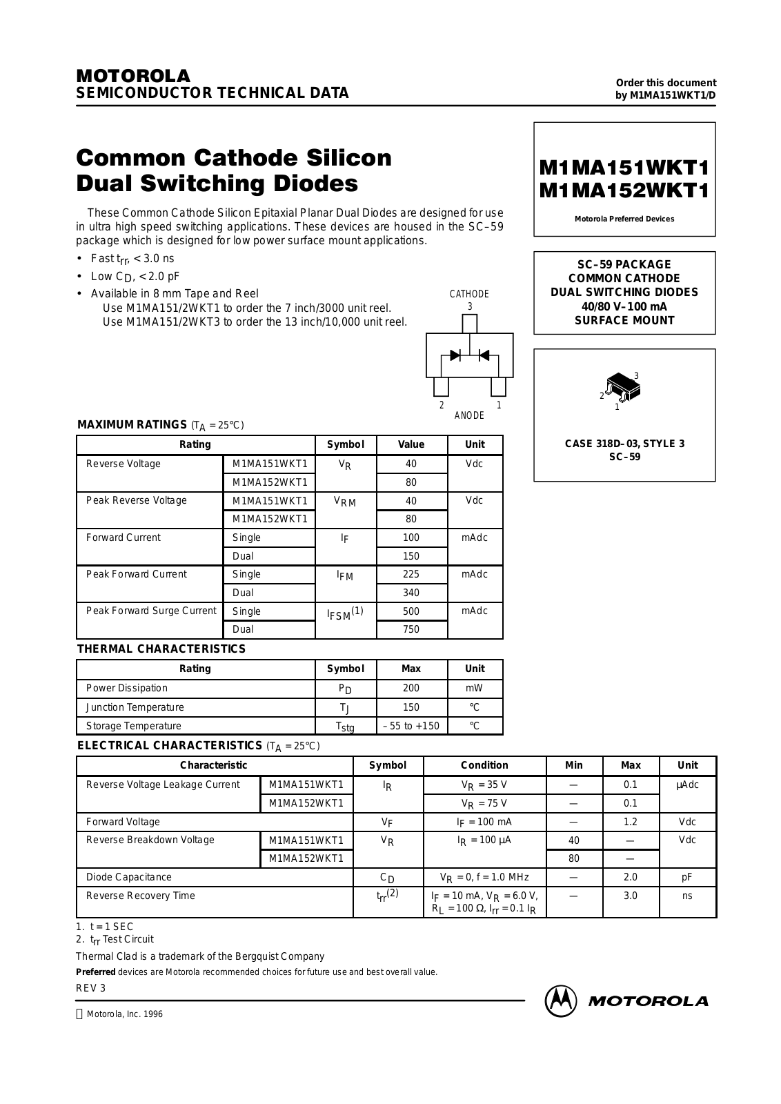 MOTOROLA M1MA152WKT1, M1MA151WKT2 Datasheet