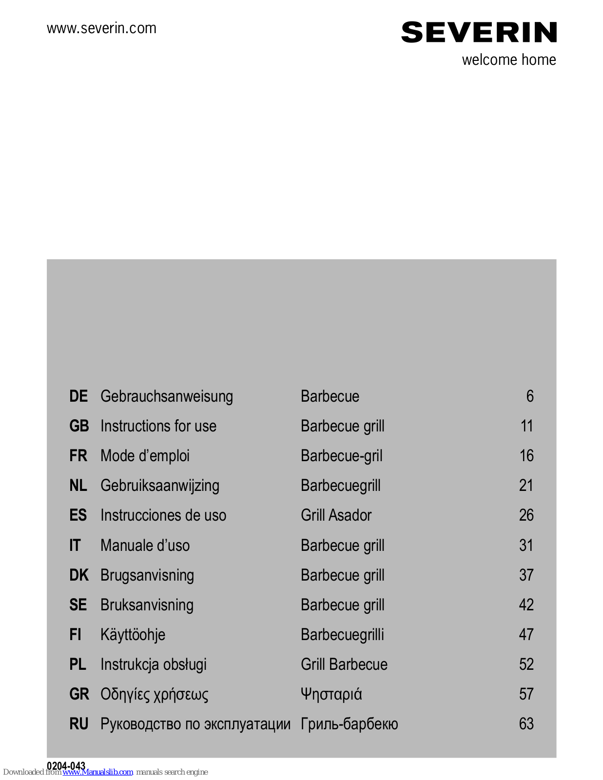 SEVERIN PG 2786,PG 2785,PG 2787,PG 1511,PG 9320 Instructions For Use Manual